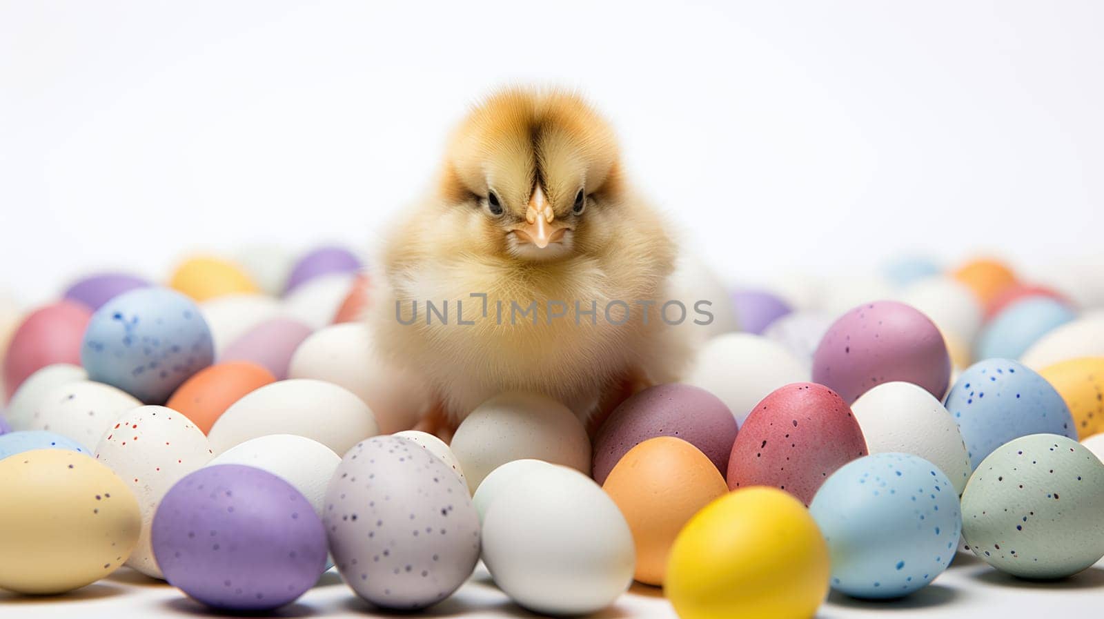 An adorable fluffy yellow baby chick stands in front of a pile of colorful Easter eggs. The chick is looking at the camera with a curious expression. It is isolated on a white background.