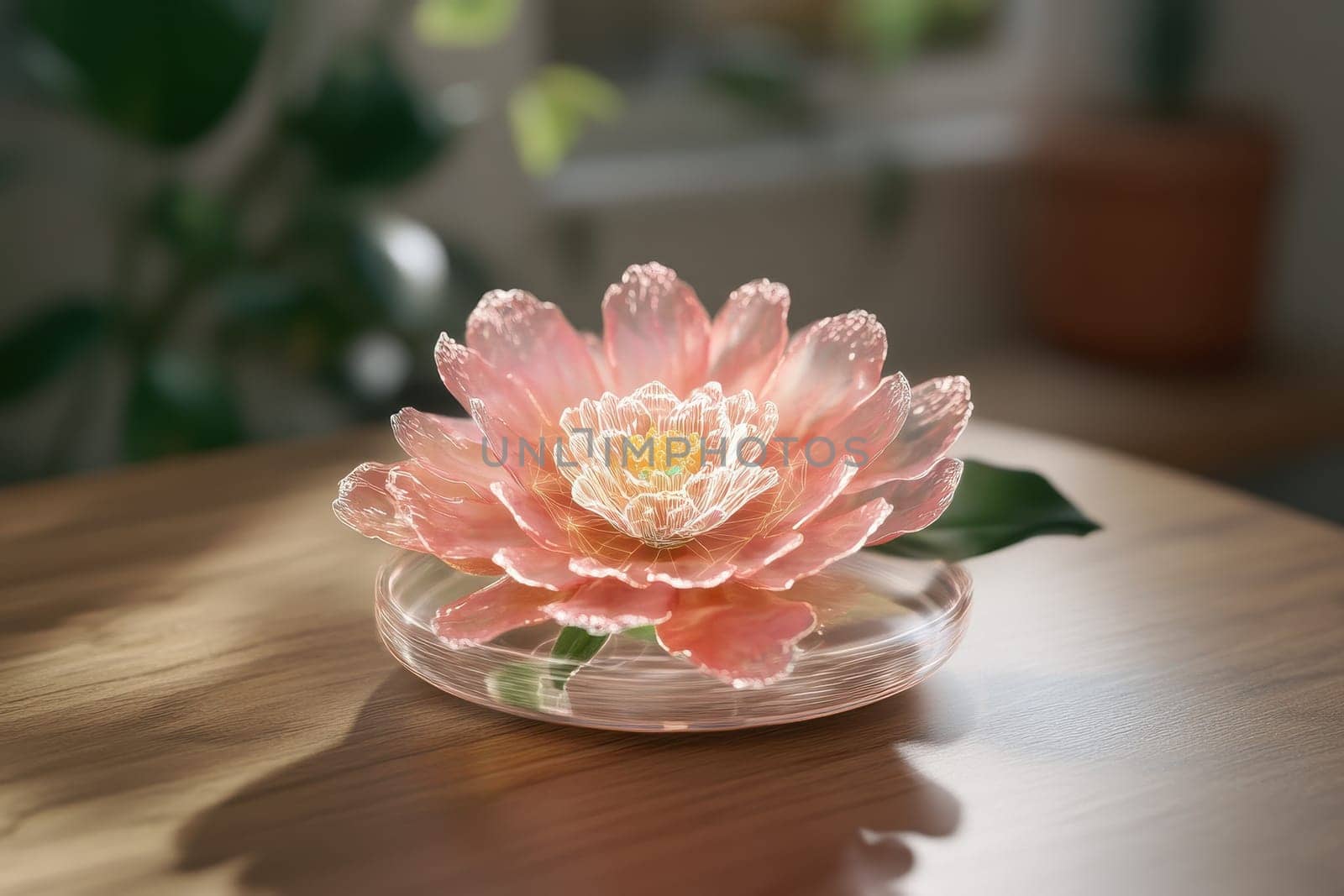 A stunning futuristic digital hologram of a beautiful flower, showcasing intricate details and vibrant colors in a serene home environment.
