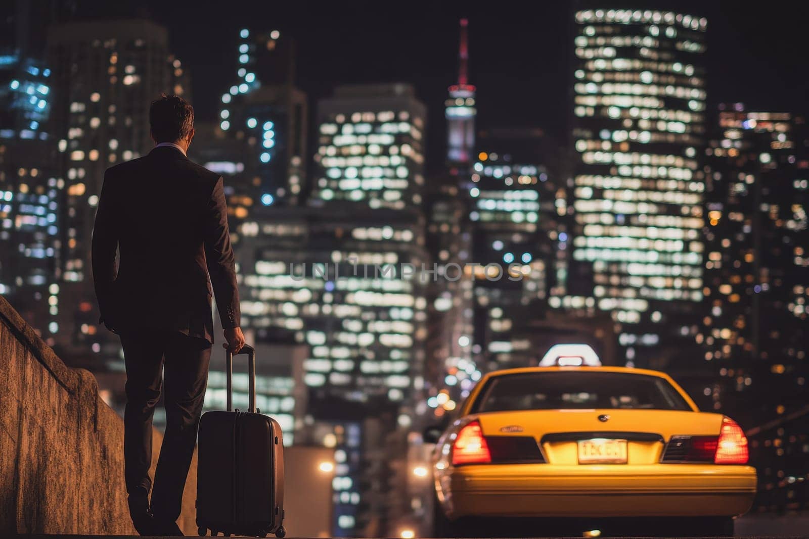 A businessman steps off a yellow taxi at night, suitcase in hand, as vibrant city lights create a stunning urban backdrop, capturing a moment of city life and travel.