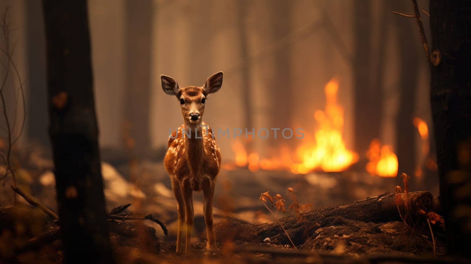 A solitary deer stands in a charred clearing, surrounded by thick smoke and raging flames. The animal gazes intently at the camera, embodying fear and the urgent need for survival amid wildfires.