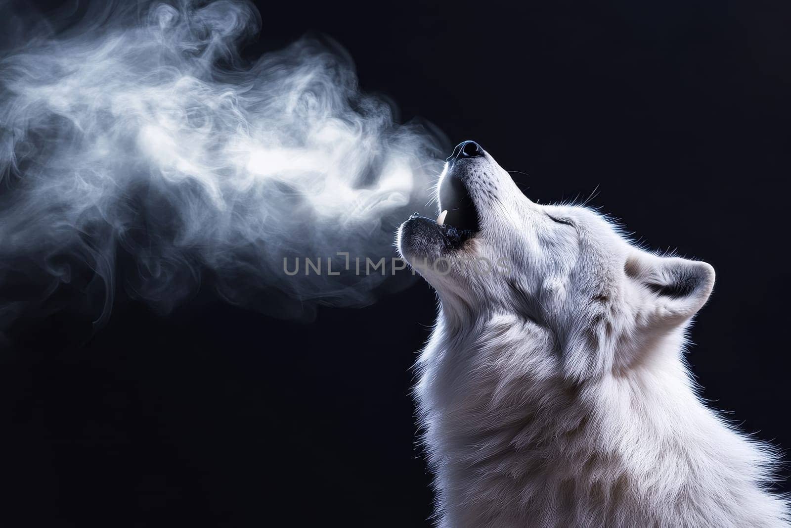 A stunning image of a white wolf howling under the night sky, with mist rising around its face, capturing the essence of wild beauty and primal spirit.
