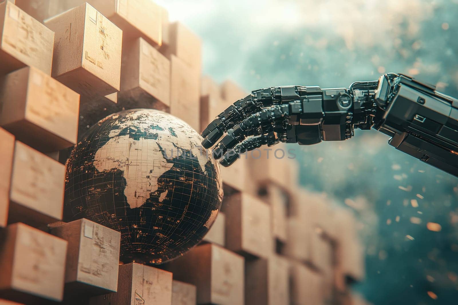 This captivating image features a minimalist, futuristic robot hand reaching for a globe, portraying concepts of innovation, technology, and exploration.