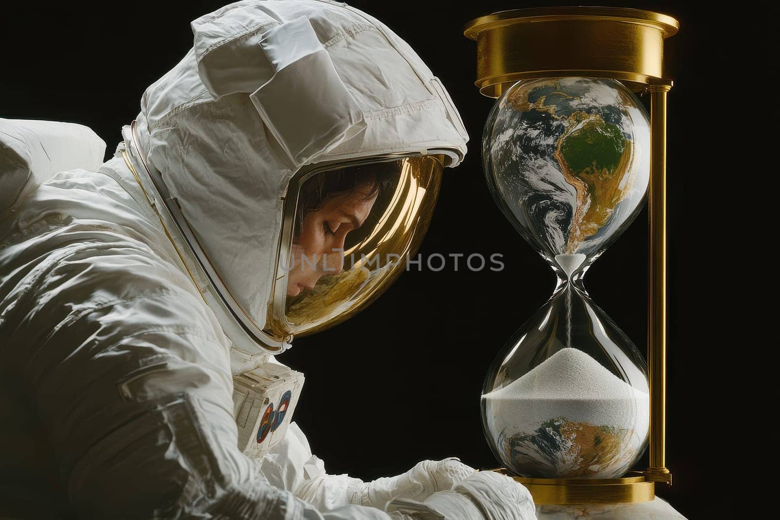 This art piece features an astronaut deep in thought beside an hourglass depicting Earth, symbolizing the relationship between time and exploration, evoking deep reflection.