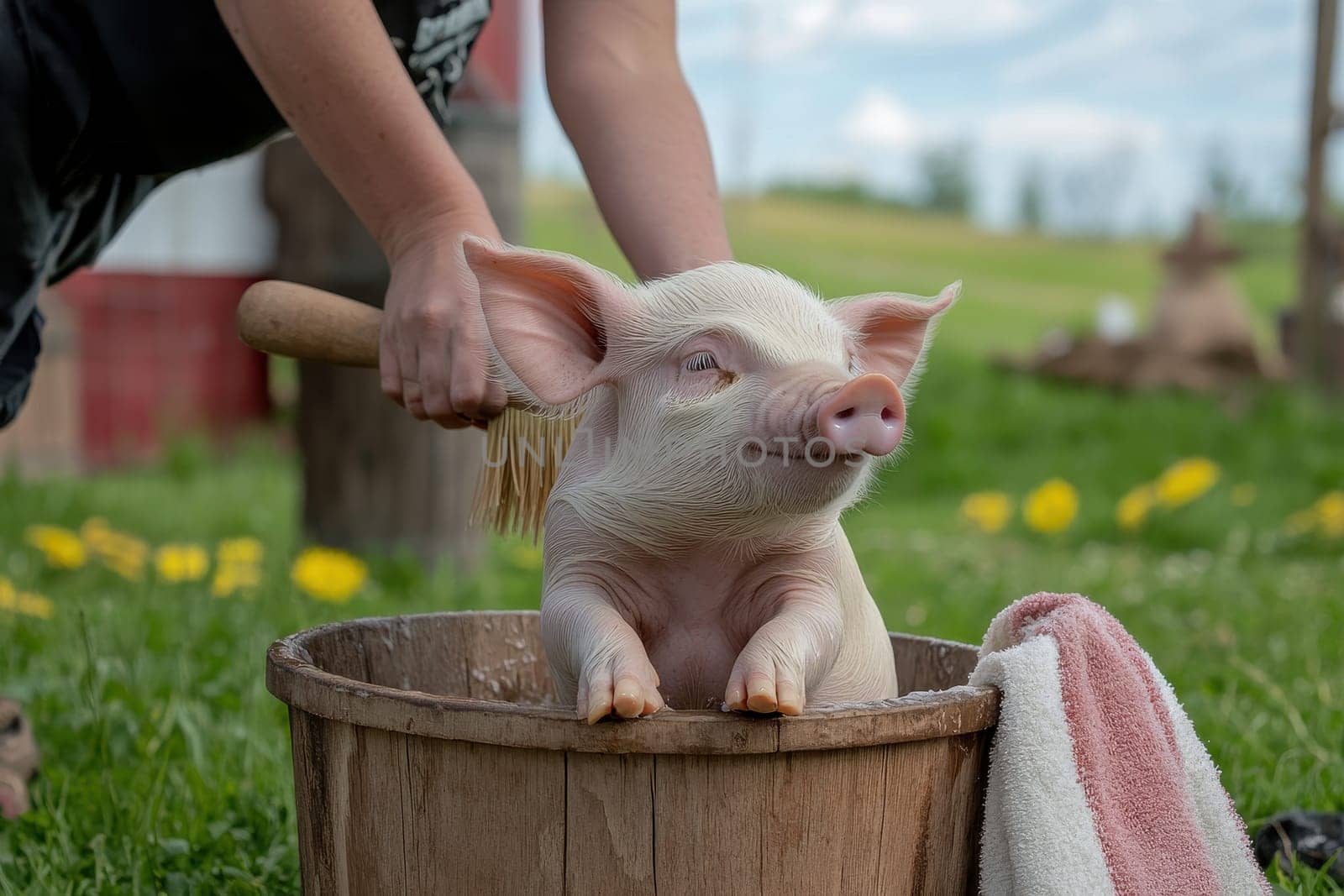 Adorable piglet sitting in a wooden bucket enjoys a brushing session outdoors. This cute scene captures the essence of farm life and animal care.