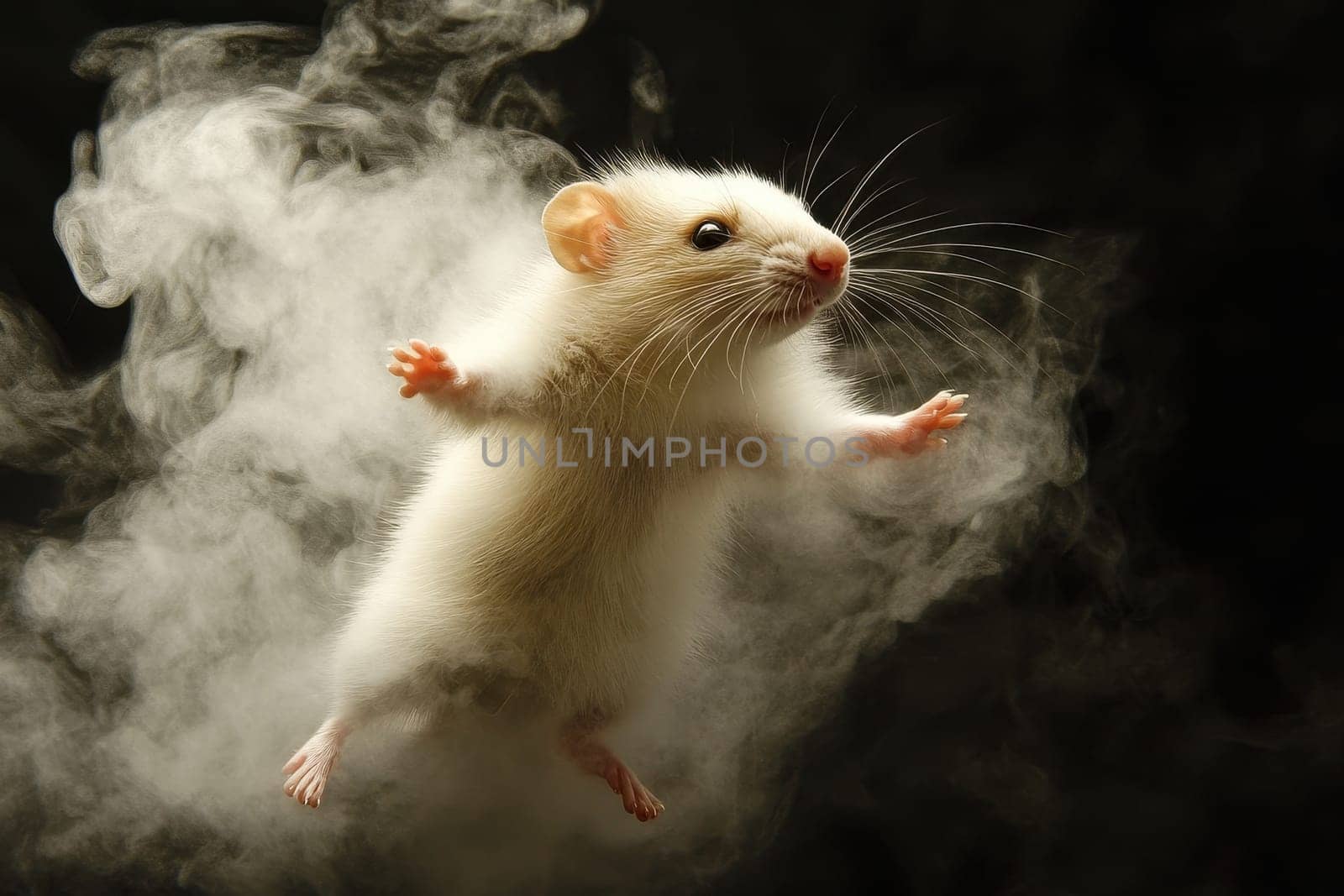 A charming ferret captured mid-twist in a dreamy vaporous mist. The playful expression and fluffy fur create a whimsical atmosphere perfect for animal lovers.