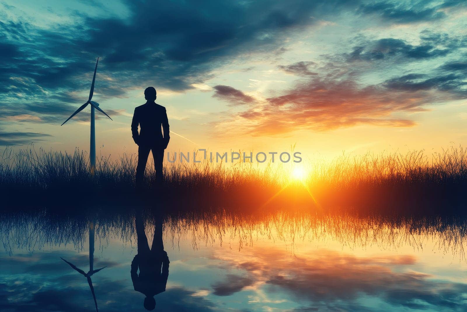 A powerful silhouette of an executive stands against a vibrant sunset, complemented by a windmill in the background, reflecting determination and leadership in a serene environment.