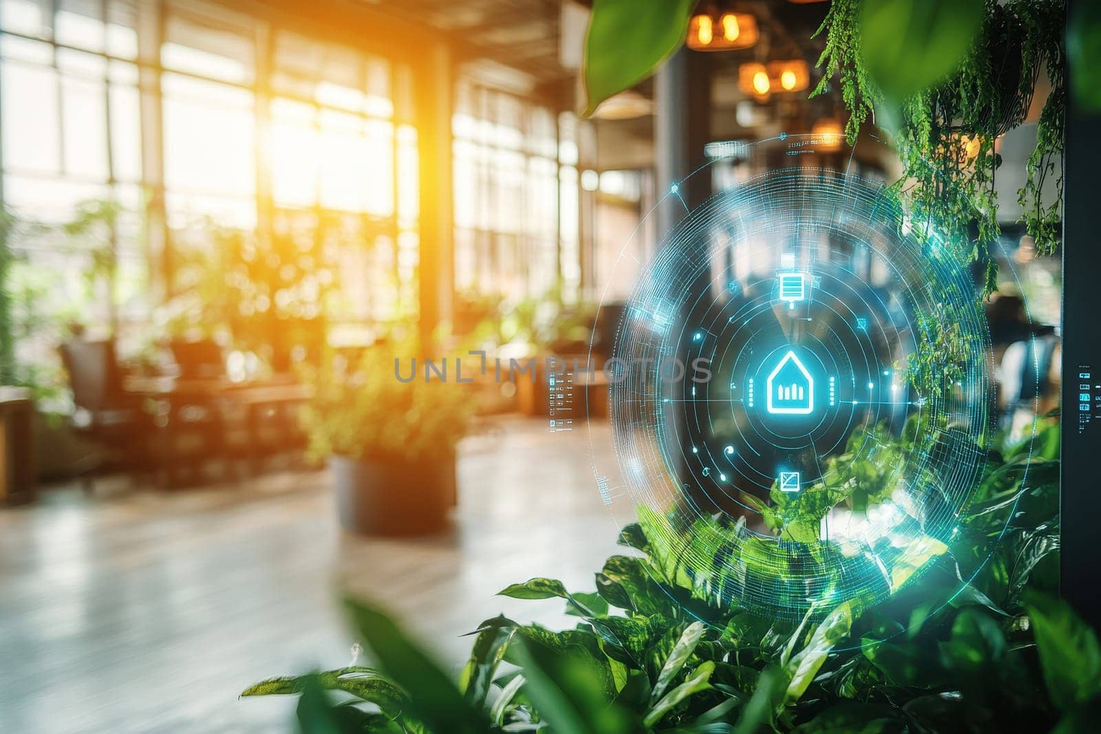 Explore a modern office space featuring an AI-powered interface amidst lush greenery. The design highlights innovation and natural elements for productivity.
