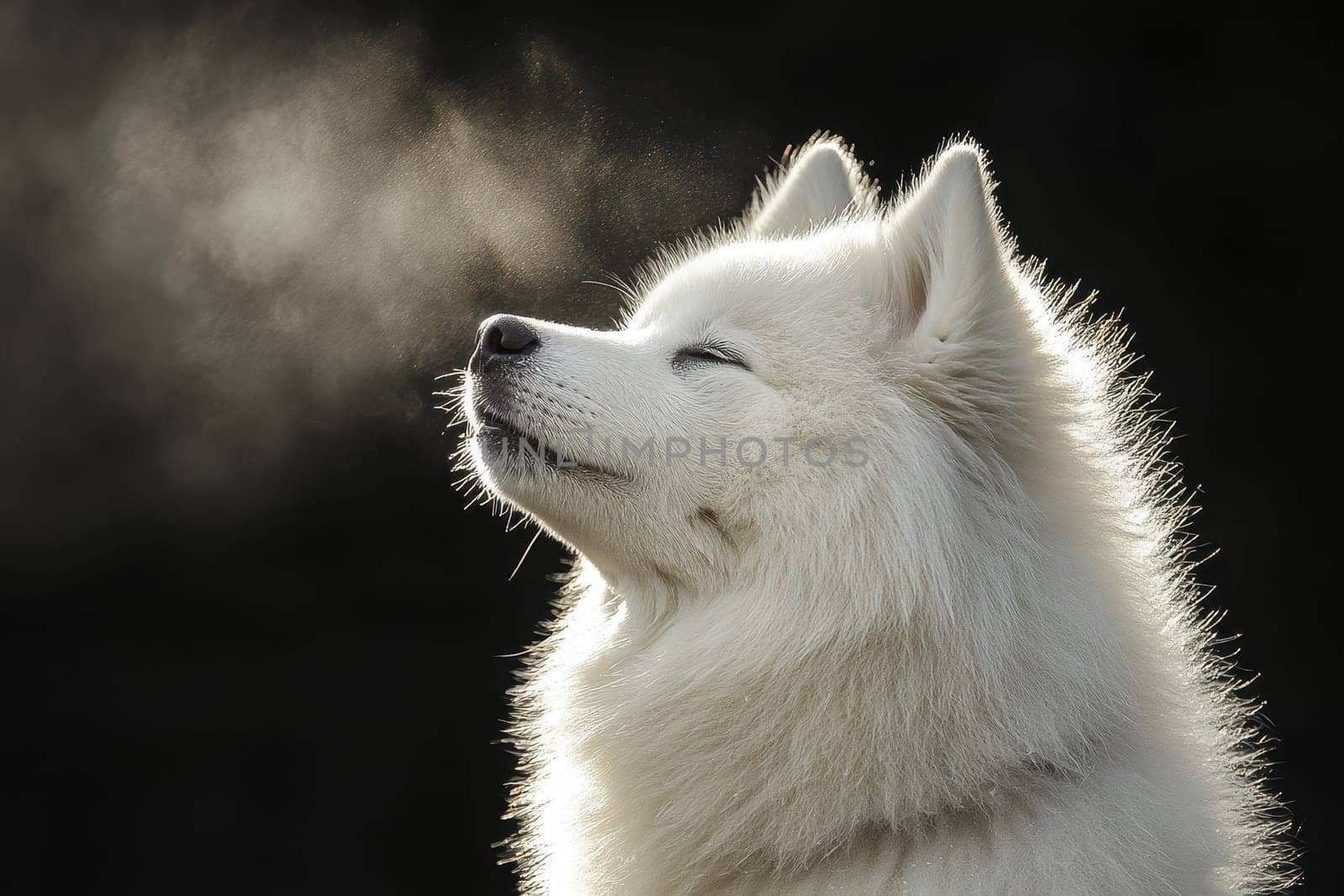 This captivating image showcases a luminous Samoyed puppy gracefully shaking off water droplets, exuding an aura of freshness and joy in natural light.