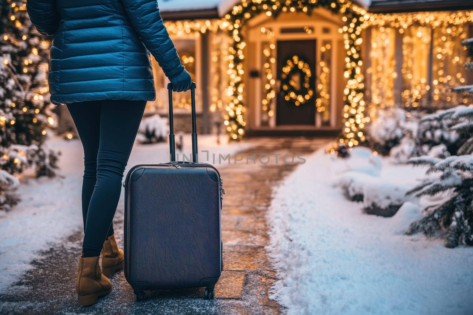 A serene homecoming scene features a traveler with a suitcase ready to enter a beautifully decorated house adorned with festive lights