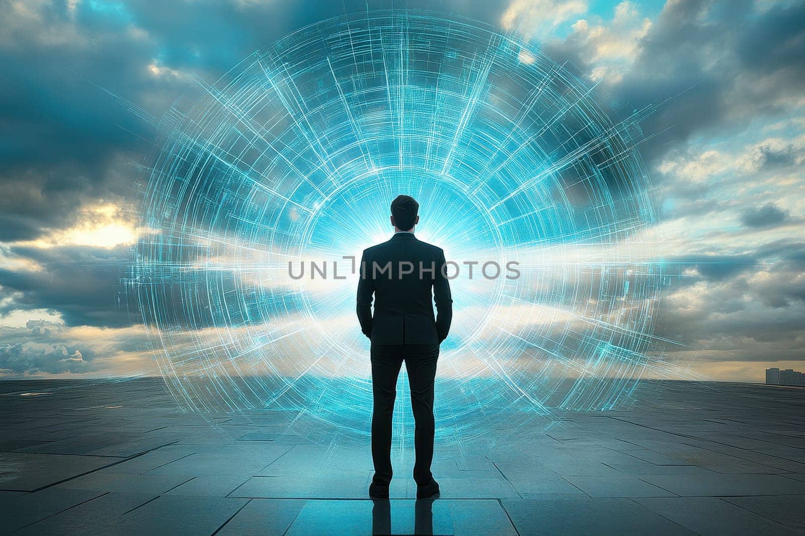 A life coach stands before a radiant geometric light portal, symbolizing inspiration and transformation. The atmospheric sky enhances a sense of possibility and growth.