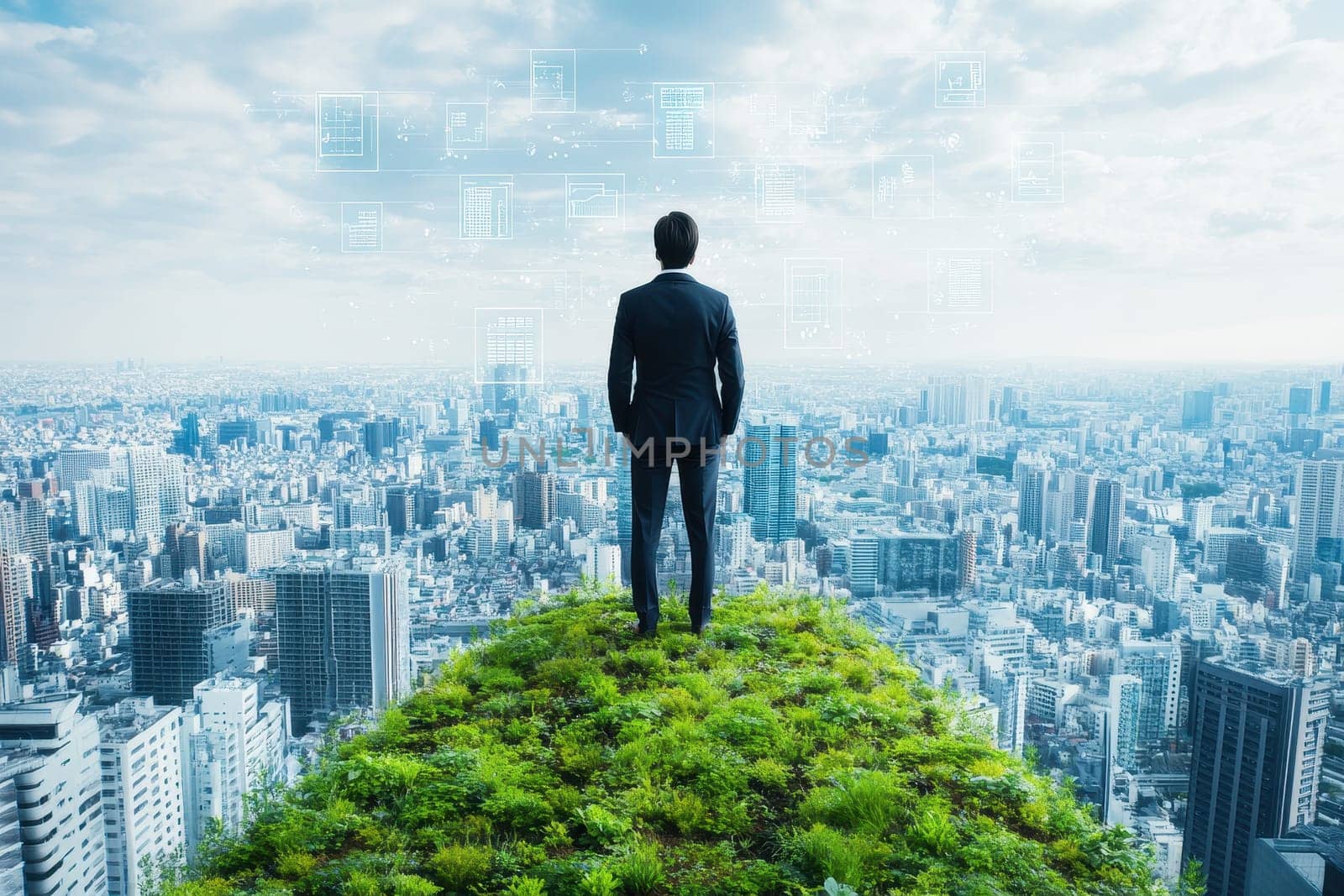 A business executive stands confidently on a high-tech rooftop, gazing at a sprawling city skyline. This image captures the essence of innovation and strategic vision in a modern urban environment.
