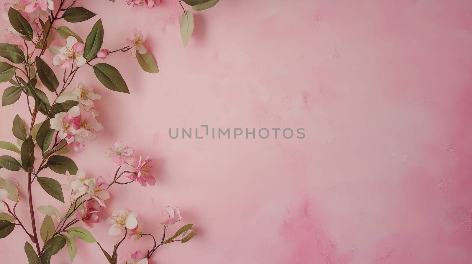 Delicate pink floral arrangement creates a beautiful border on a textured pink background, offering ample copyspace perfect for adding text or other design elements