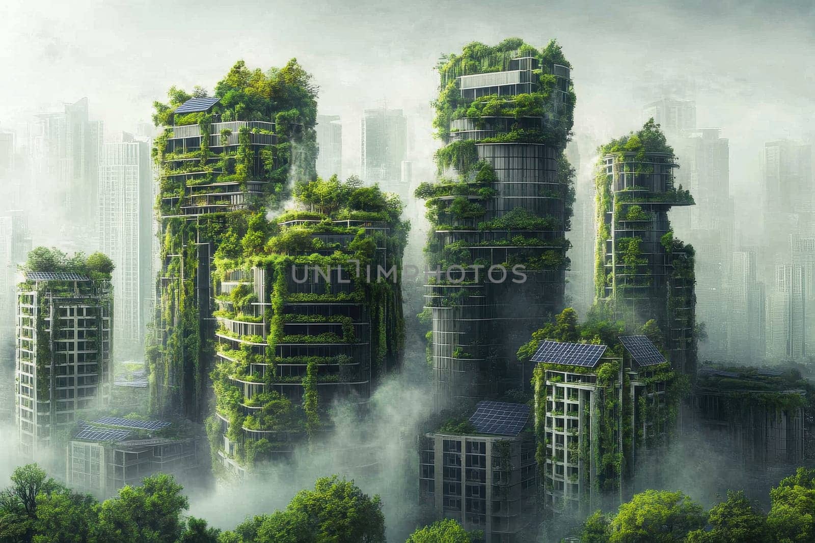 Discover a breathtaking futuristic cityscape where lush vertical gardens harmoniously blend with modern architecture, promoting sustainability and eco-friendliness.