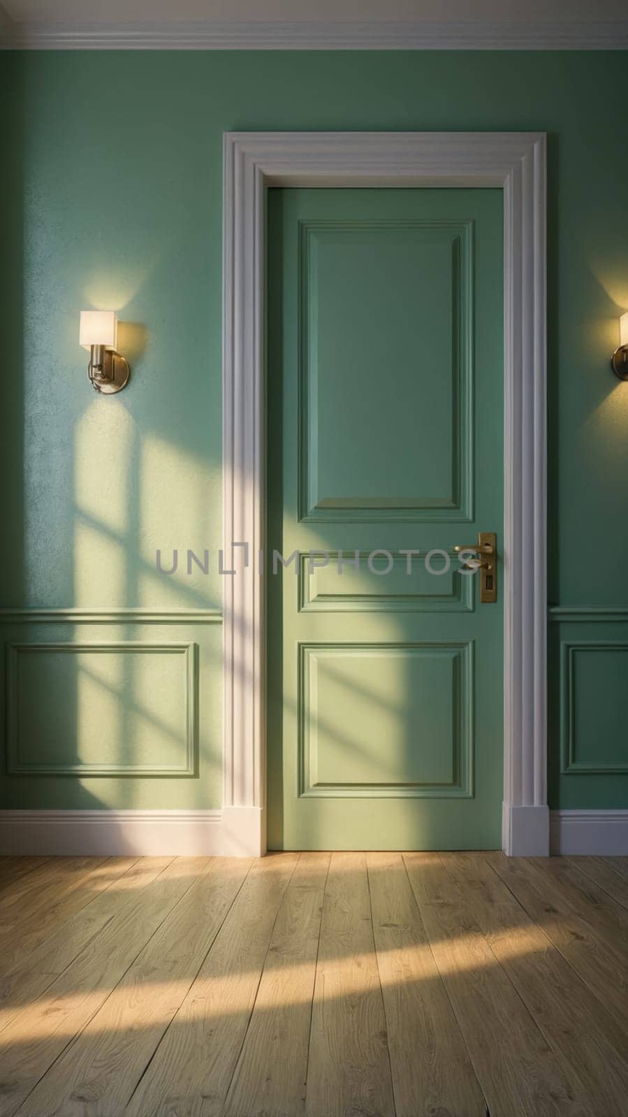 Elegant Minimalist light green Wooden Door Isolated on a Plain light green Background for Modern Interiors.