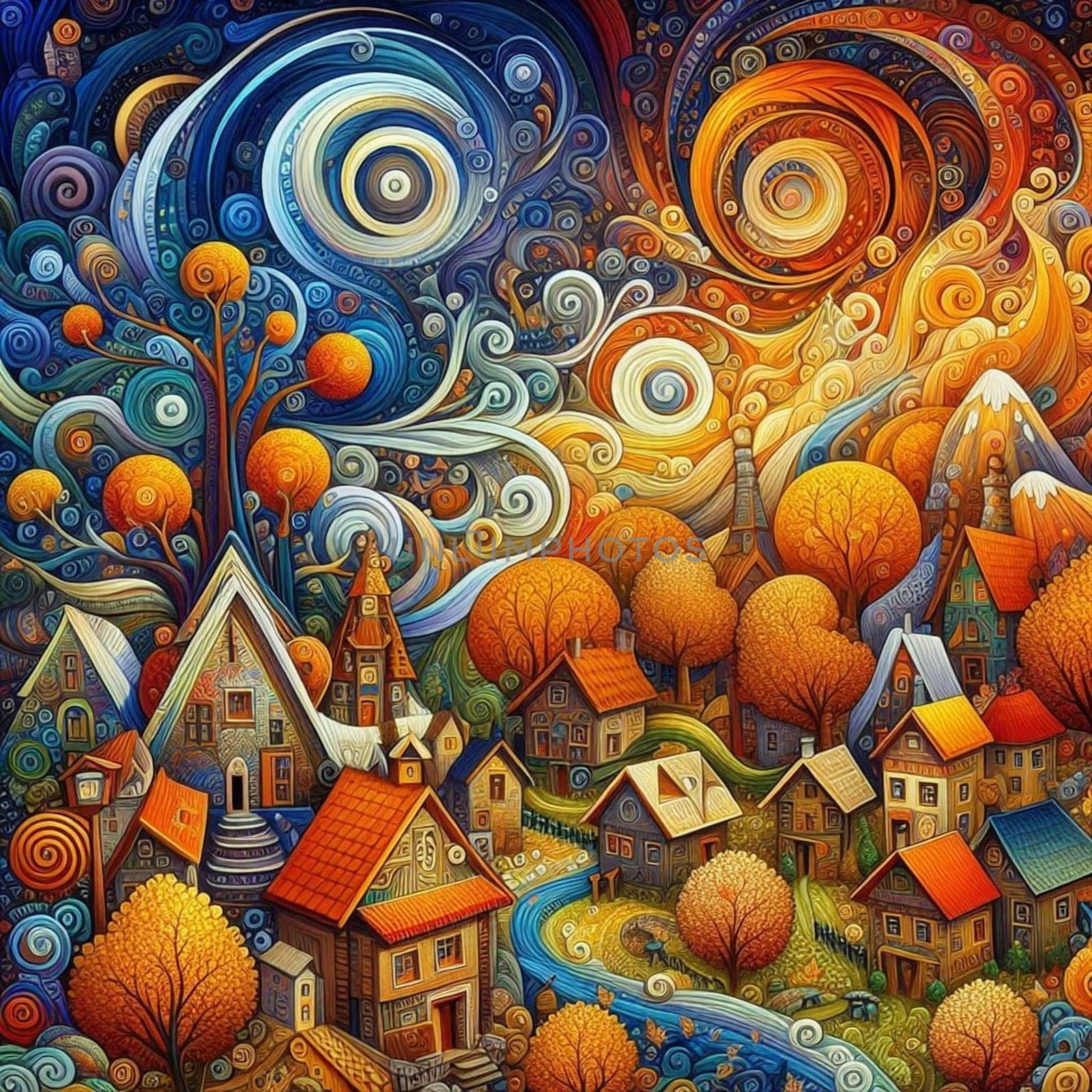 artificial intelligence generated fractal artwork of village with autumn scenery and swirling patterns sky of the coming winter.
