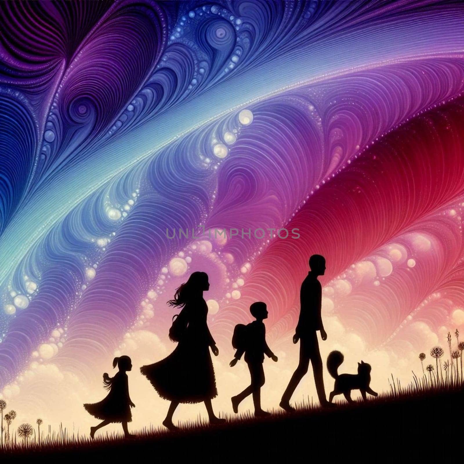 artificial intelligence generated fractal artwork of a family and pet in silhouette walking in a single row with a beautiful purple lavender blue horizon.