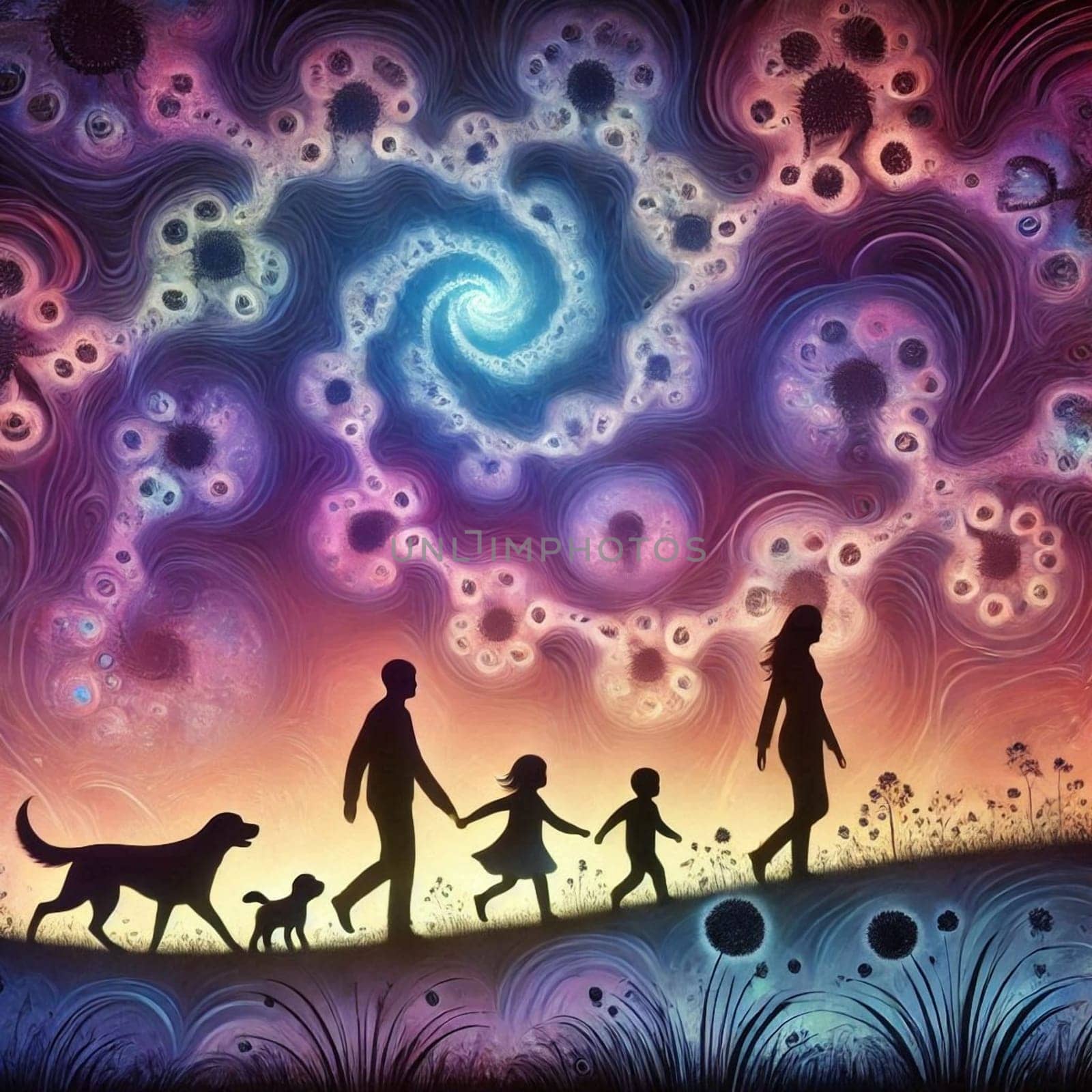 artificial intelligence generated fractal artwork of a family and pet in silhouette walking in a single row with a beautiful purple lavender blue horizon.