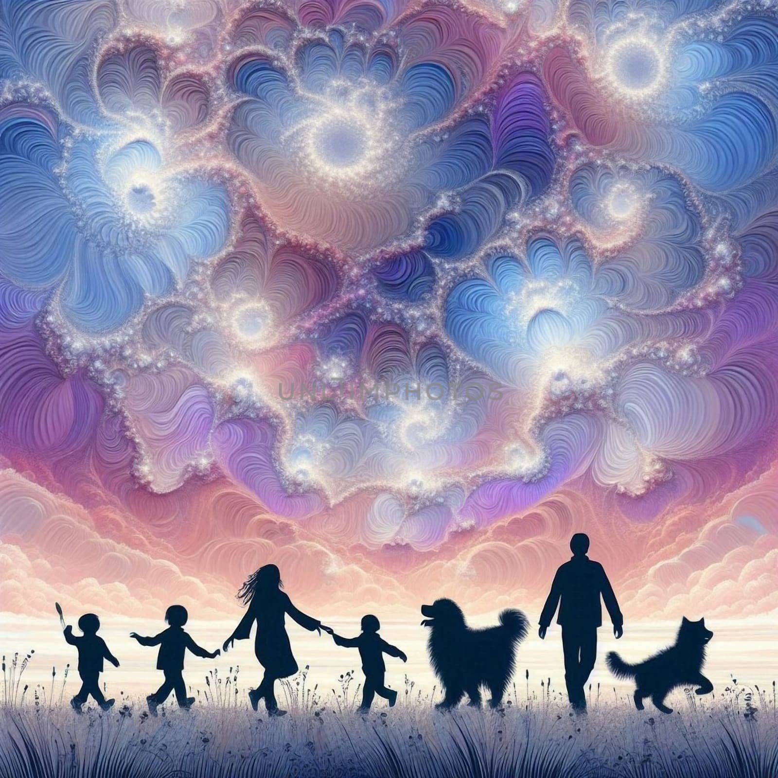 artificial intelligence generated fractal artwork of a family and pet in silhouette walking in a single row with a beautiful purple lavender blue horizon.
