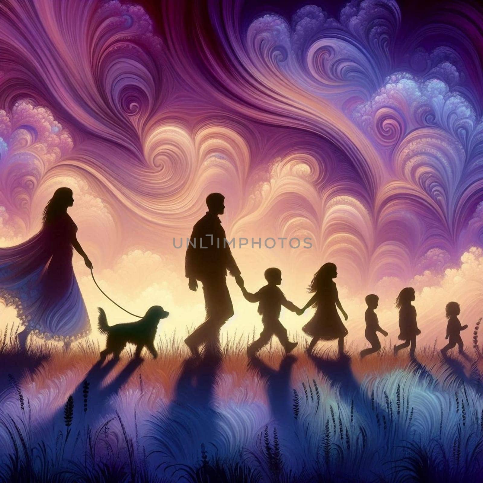 artificial intelligence generated fractal artwork of a family and pet in silhouette walking in a single row with a beautiful purple lavender blue horizon.