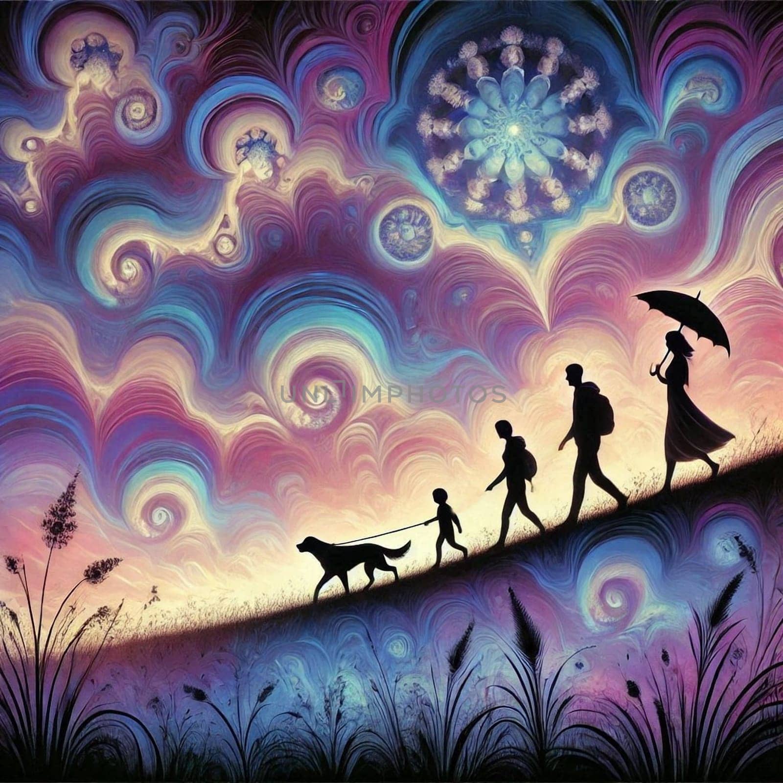 artificial intelligence generated fractal artwork of a family and pet in silhouette walking in a single row with a beautiful purple lavender blue horizon.