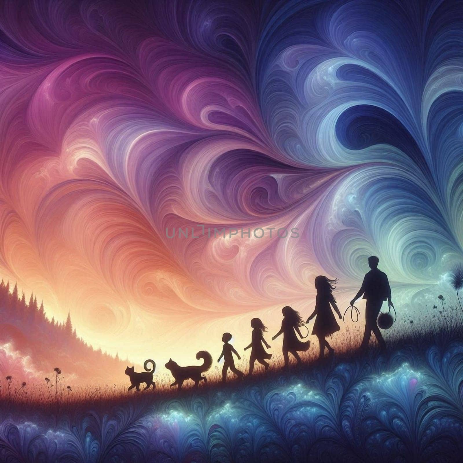 artificial intelligence generated fractal artwork of a family and pet in silhouette walking in a single row with a beautiful purple lavender blue horizon.