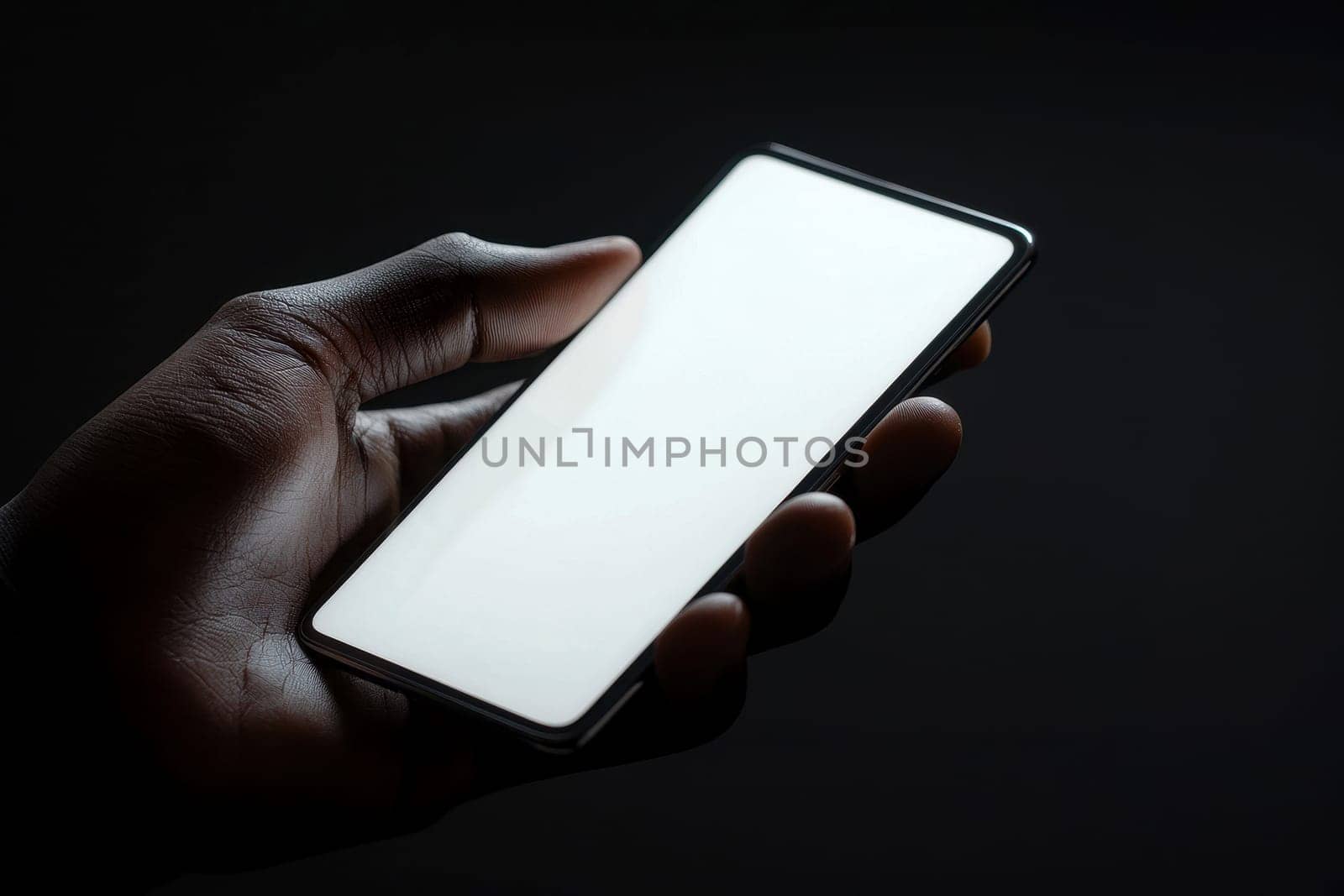A hand holding a cell phone on blank white screen with a black background..