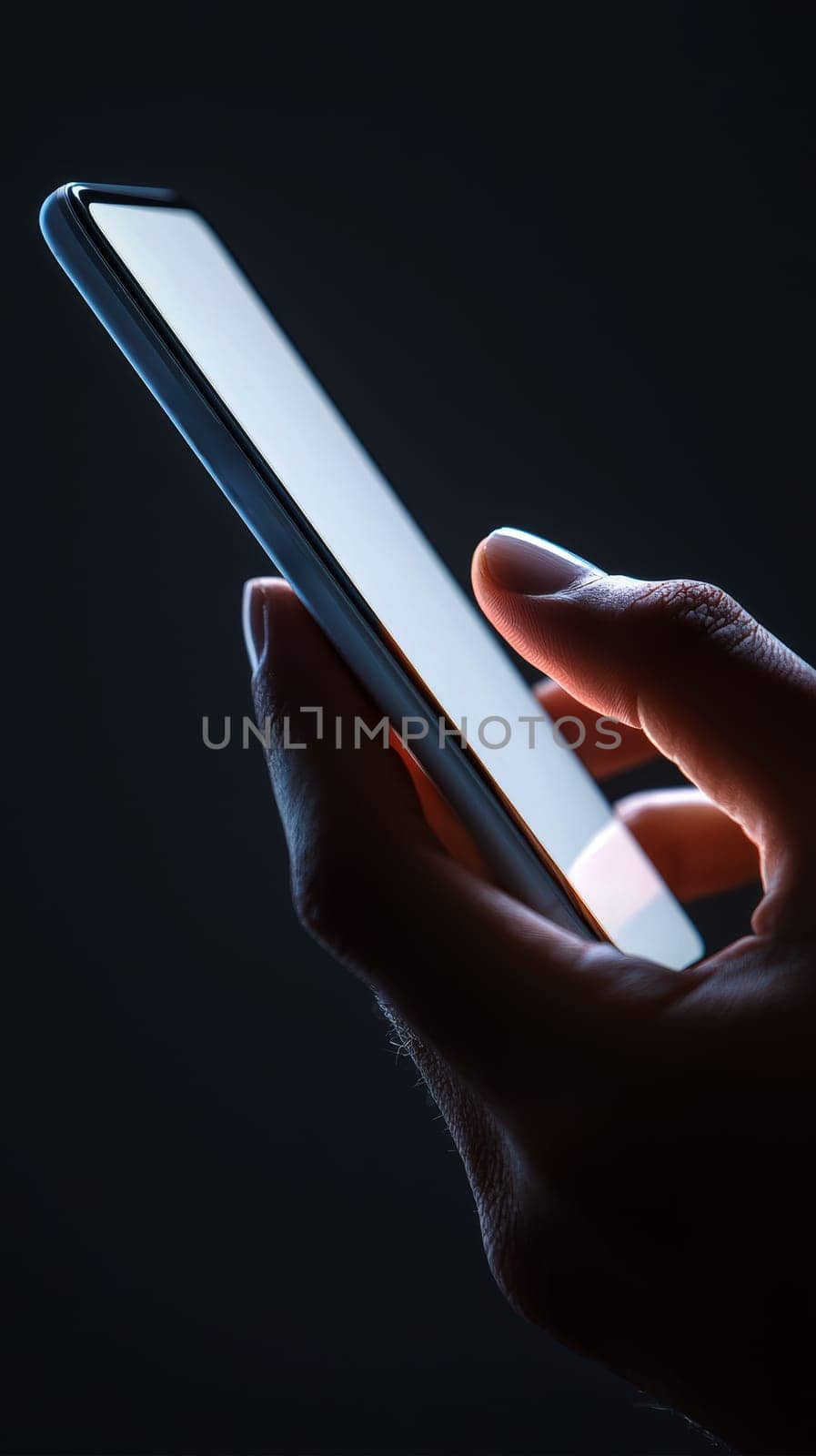 A hand holding a cell phone on blank white screen with a black background..