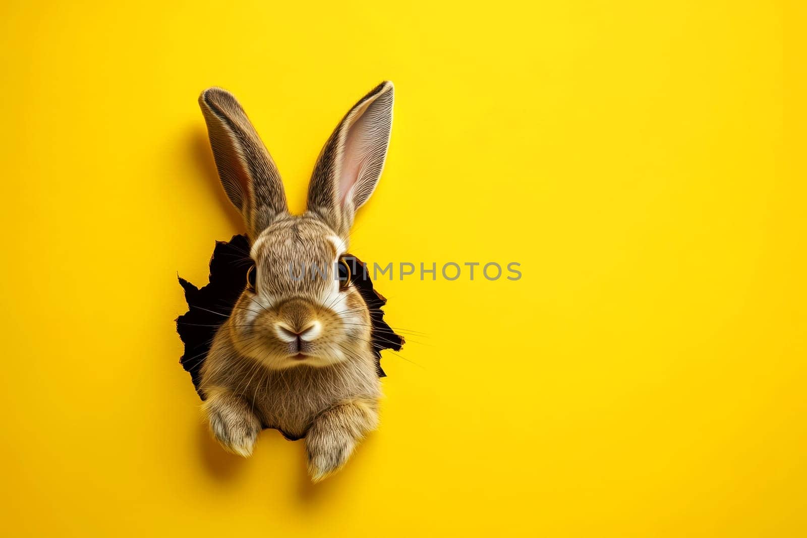 Adorable bunny peeking from a hole against bright yellow backdrop for a joyful easter theme..