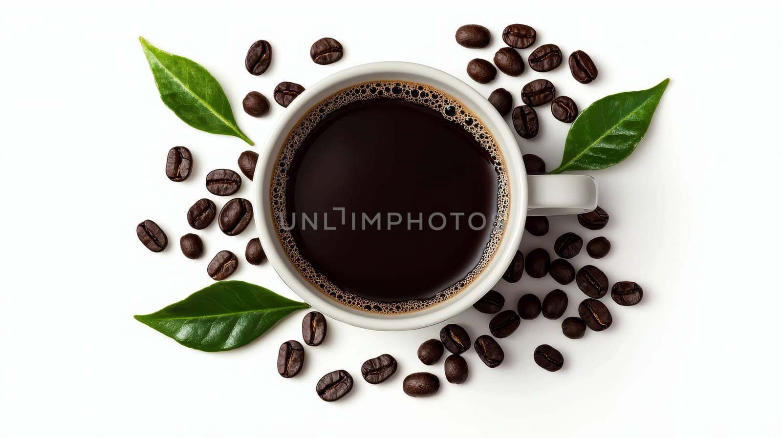 A white coffee cup with a leaf on top and coffee grounds around it..
