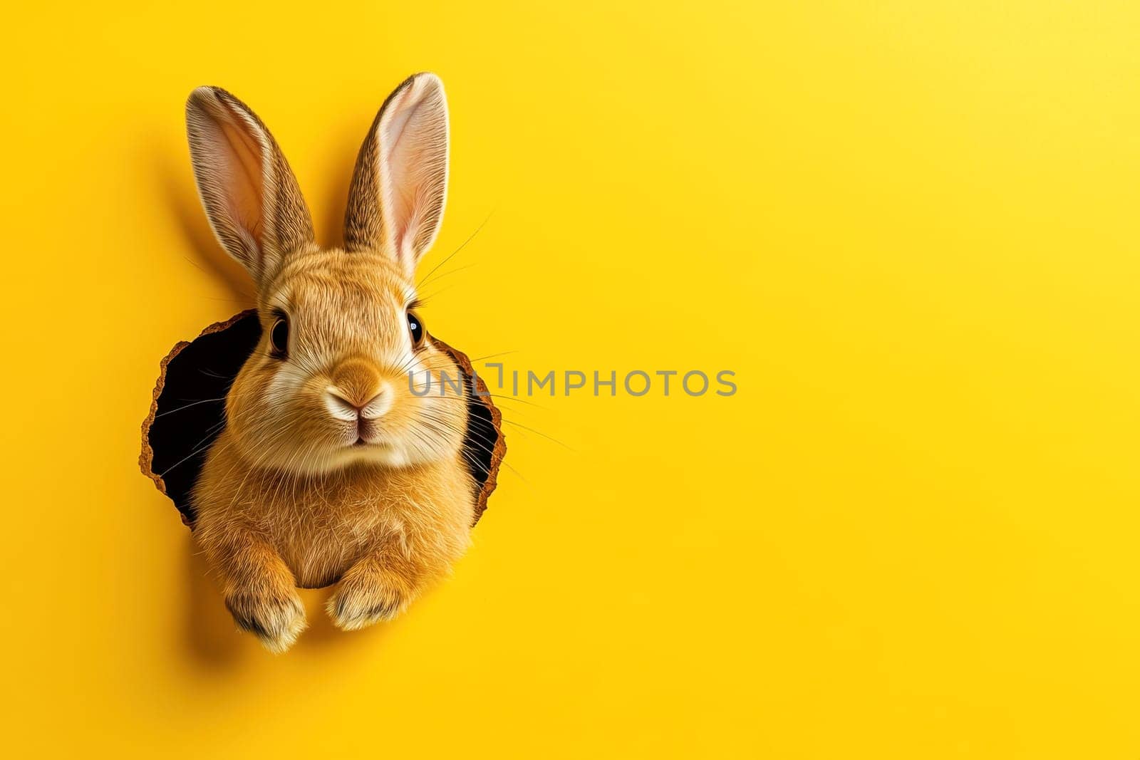 Adorable bunny peeking from a hole against bright yellow backdrop for a joyful easter theme..