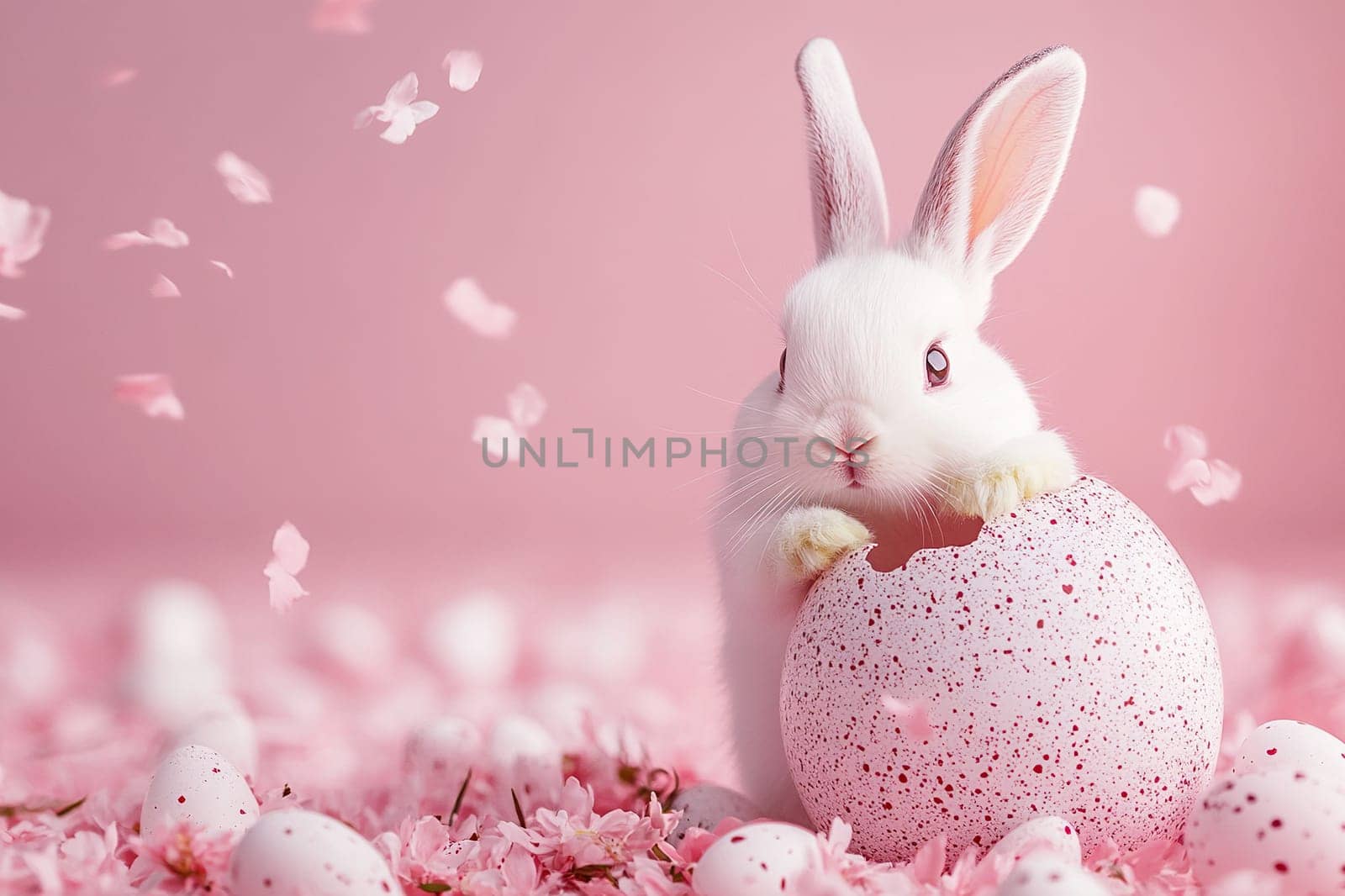 White Easter bunny with broken eggshell. Pink composition with bunny, eggs and petals on pink background for Easter holiday.