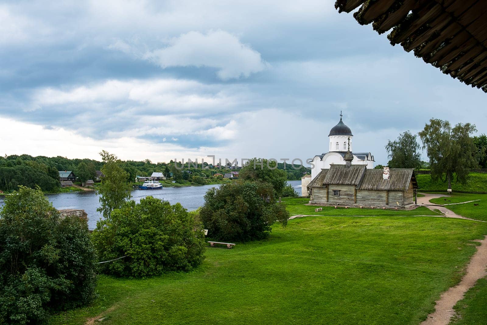 Staraya Ladoga, Russia - 08.10.24. Churches of St. George the Victorious and St. Demetrius of Thessaloniki in the Staraya Ladoga Fortress, 12th century.