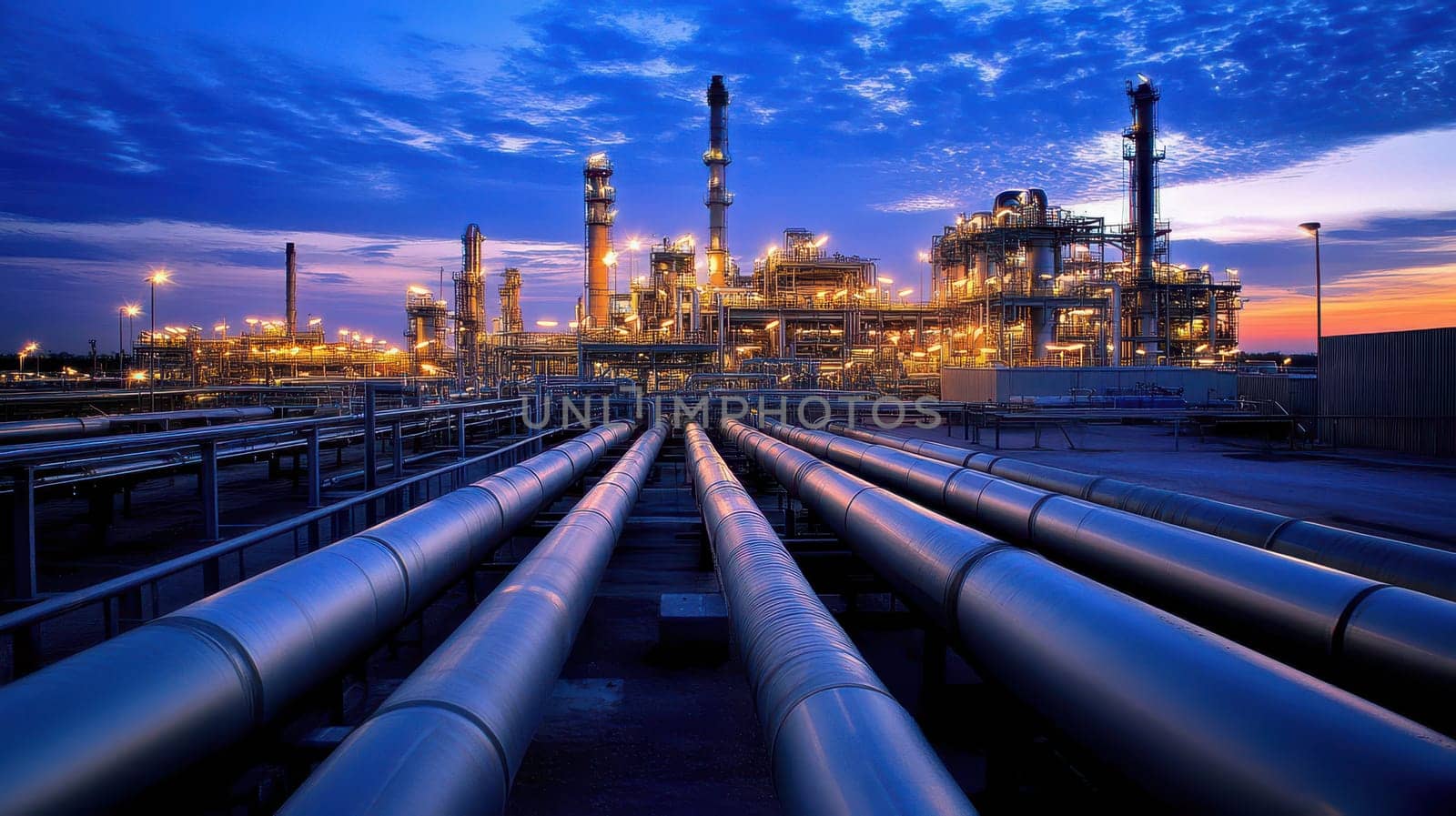 A large industrial area with many pipes and a sunset in the background..
