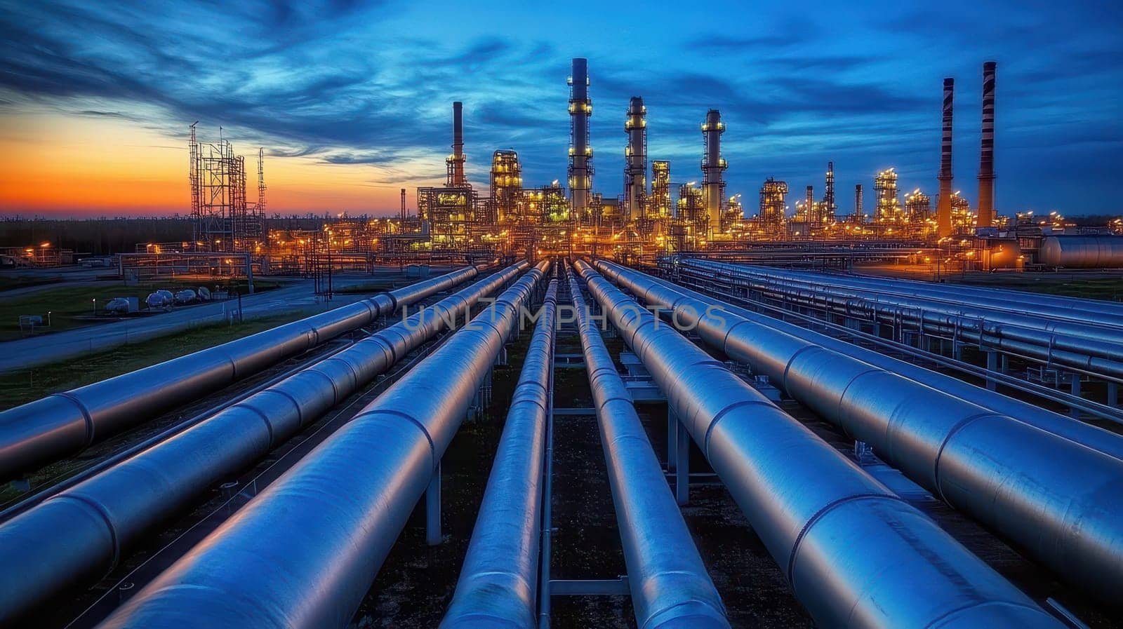 A large industrial area with many pipes and a sunset in the background..