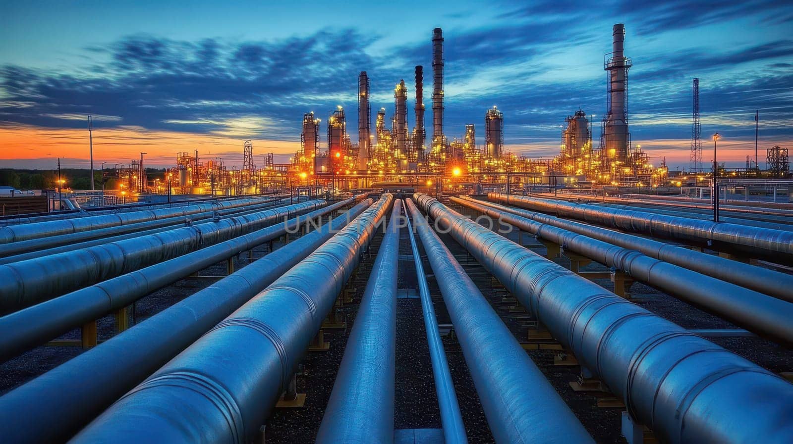 A large industrial area with many pipes and a sunset in the background..
