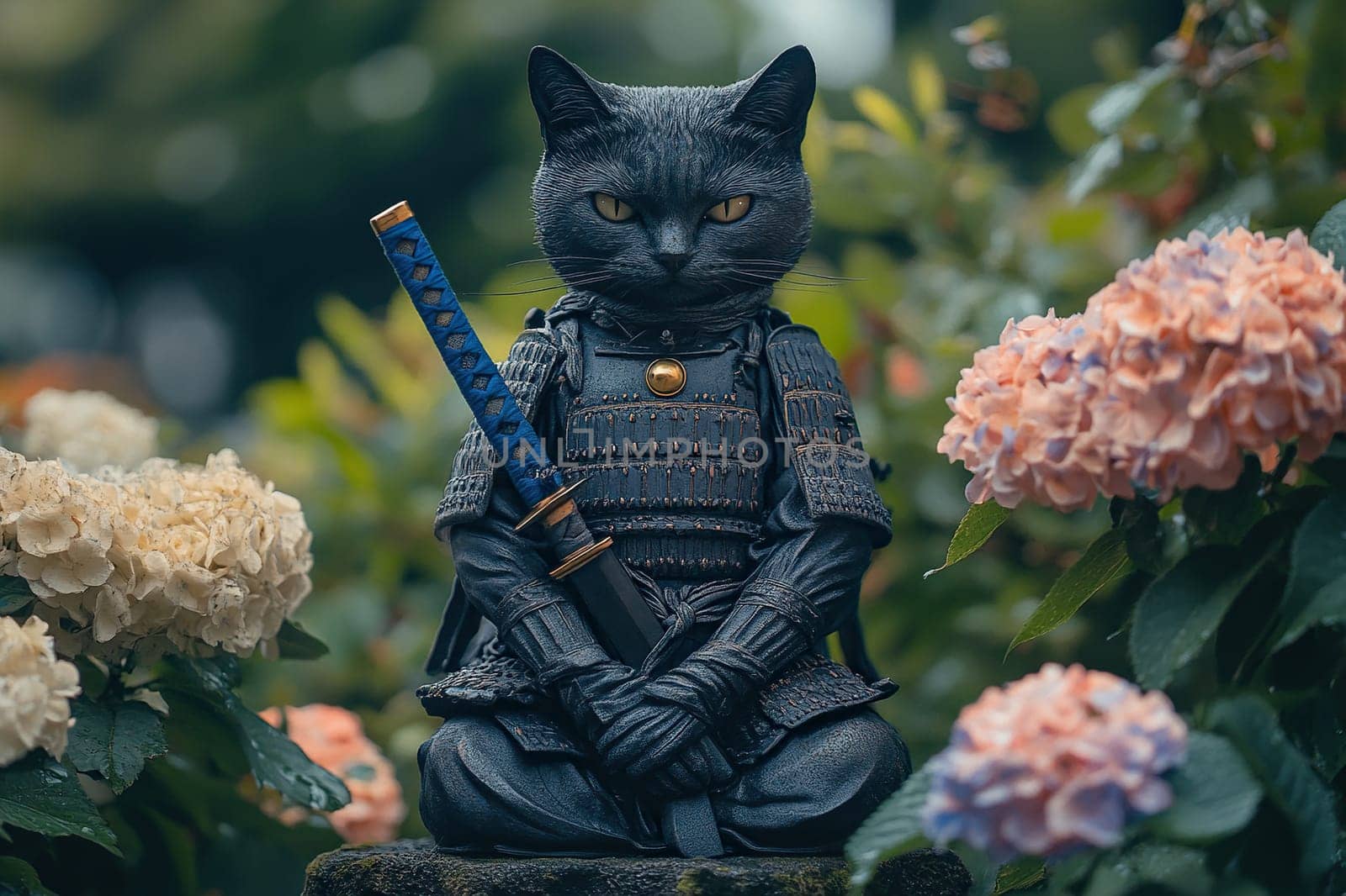 Samurai cat in the flowering garden of japan