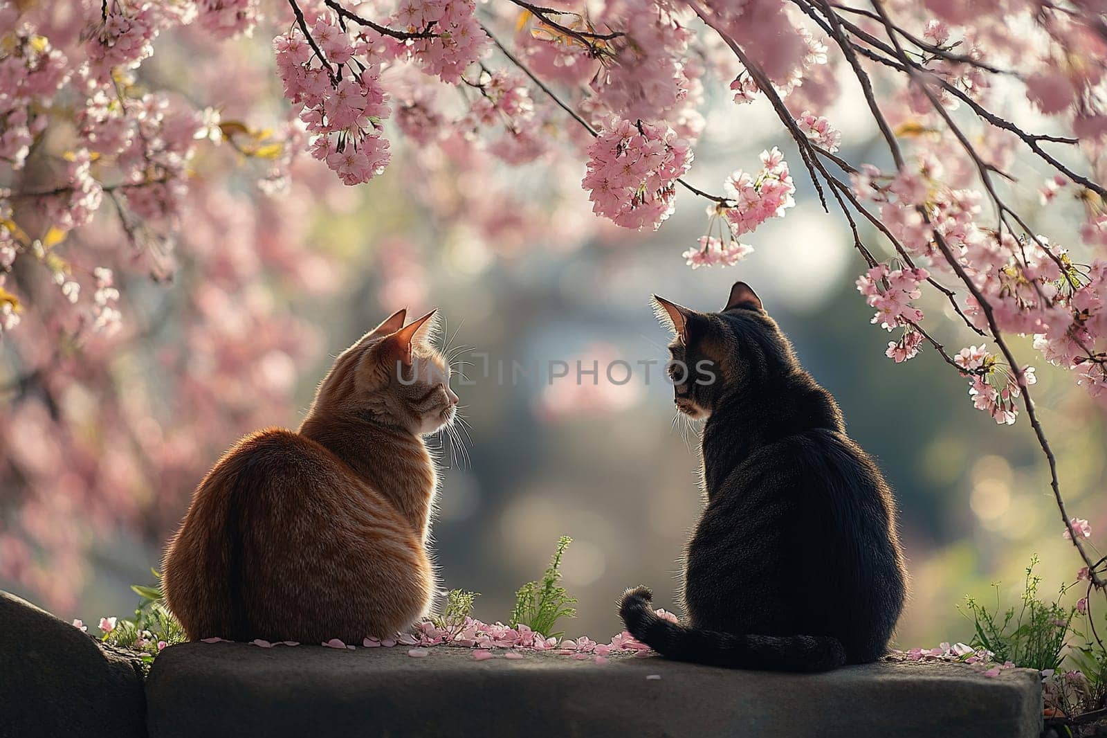 Two cats are sitting in the garden under a flowering sakura