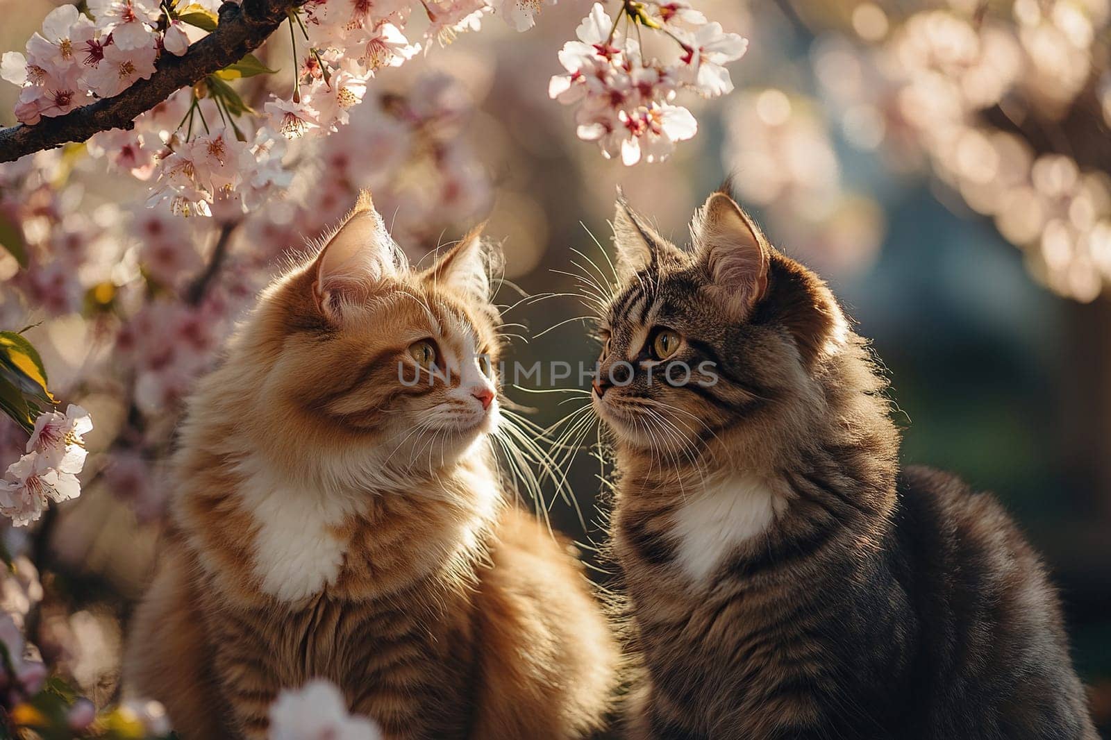 Two cats are sitting under a blossoming sakura tree in the garden in spring. Spring is coming.