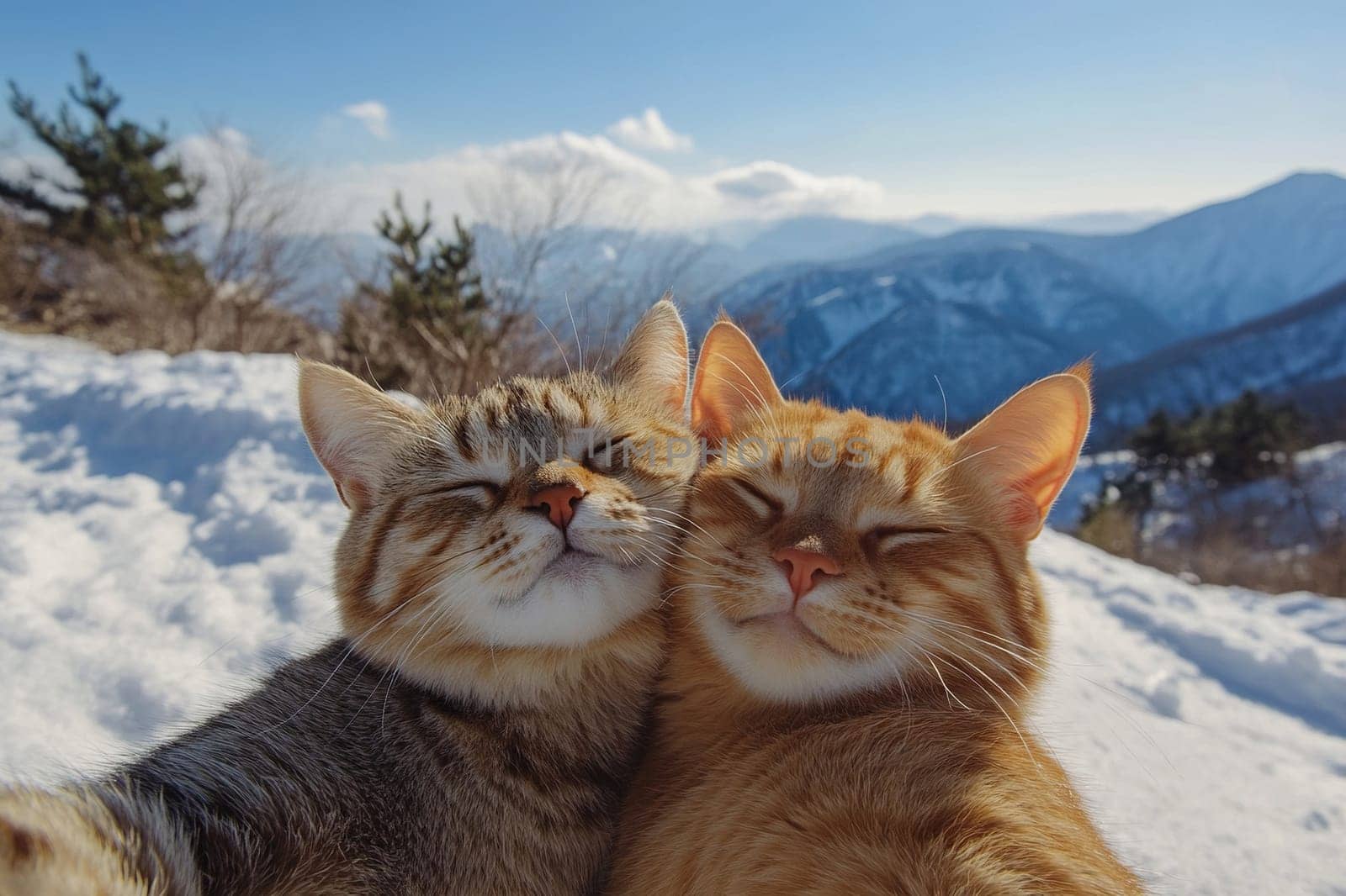 A couple of cats taking a selfie together on a smartphone camera against the backdrop of snowy mountains. Funny cats in the mountains.