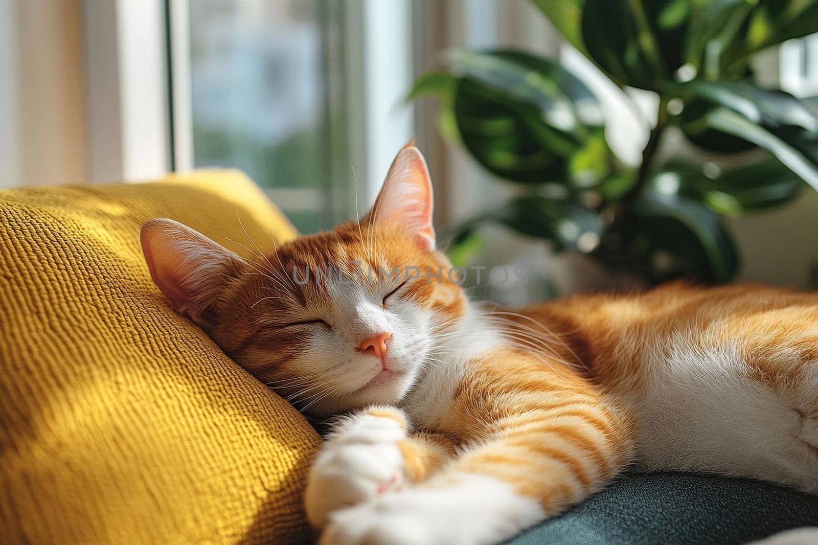Domestic red cat sleeps sweetly on a pillow in the sun. Cozy photo of a cat at home.