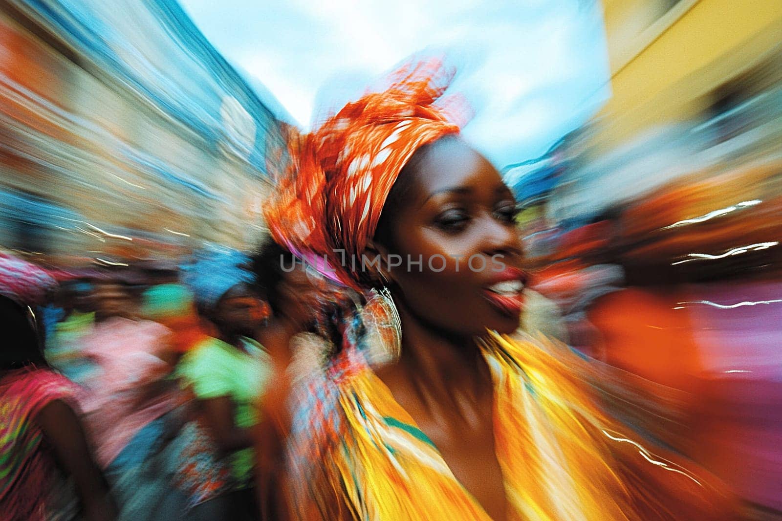 Blurred image of street carnival. African-American woman in colorful outfit enjoying carnival.