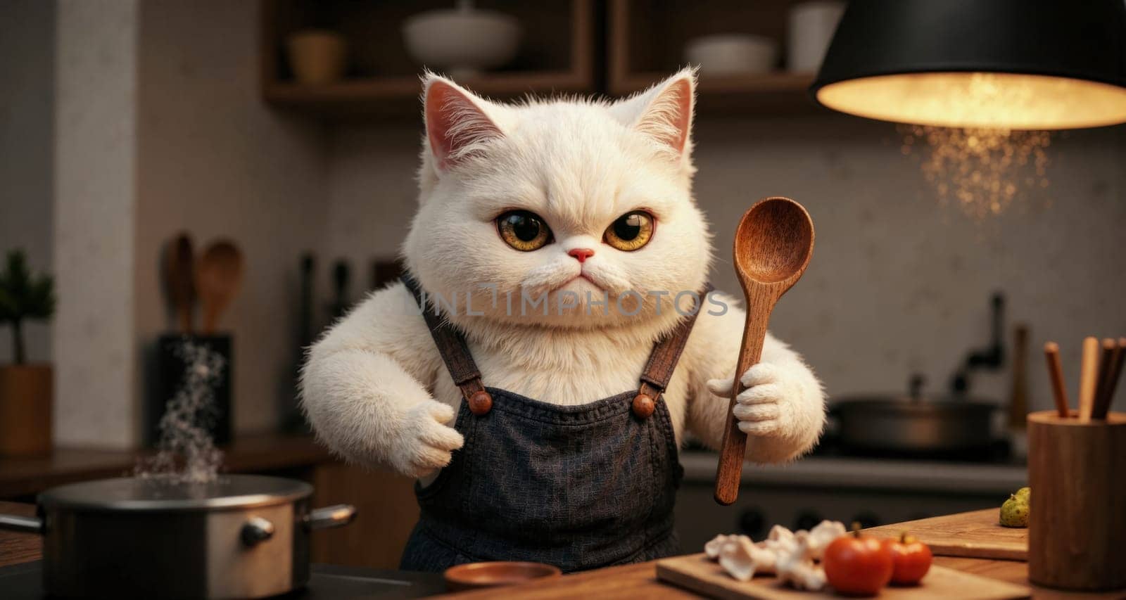 A cat is cooking in a kitchen with a pot of boiling water on the stove. The cat is wearing an apron and holding a spoon. The scene is playful and lighthearted, as the cat is not a human but a cat