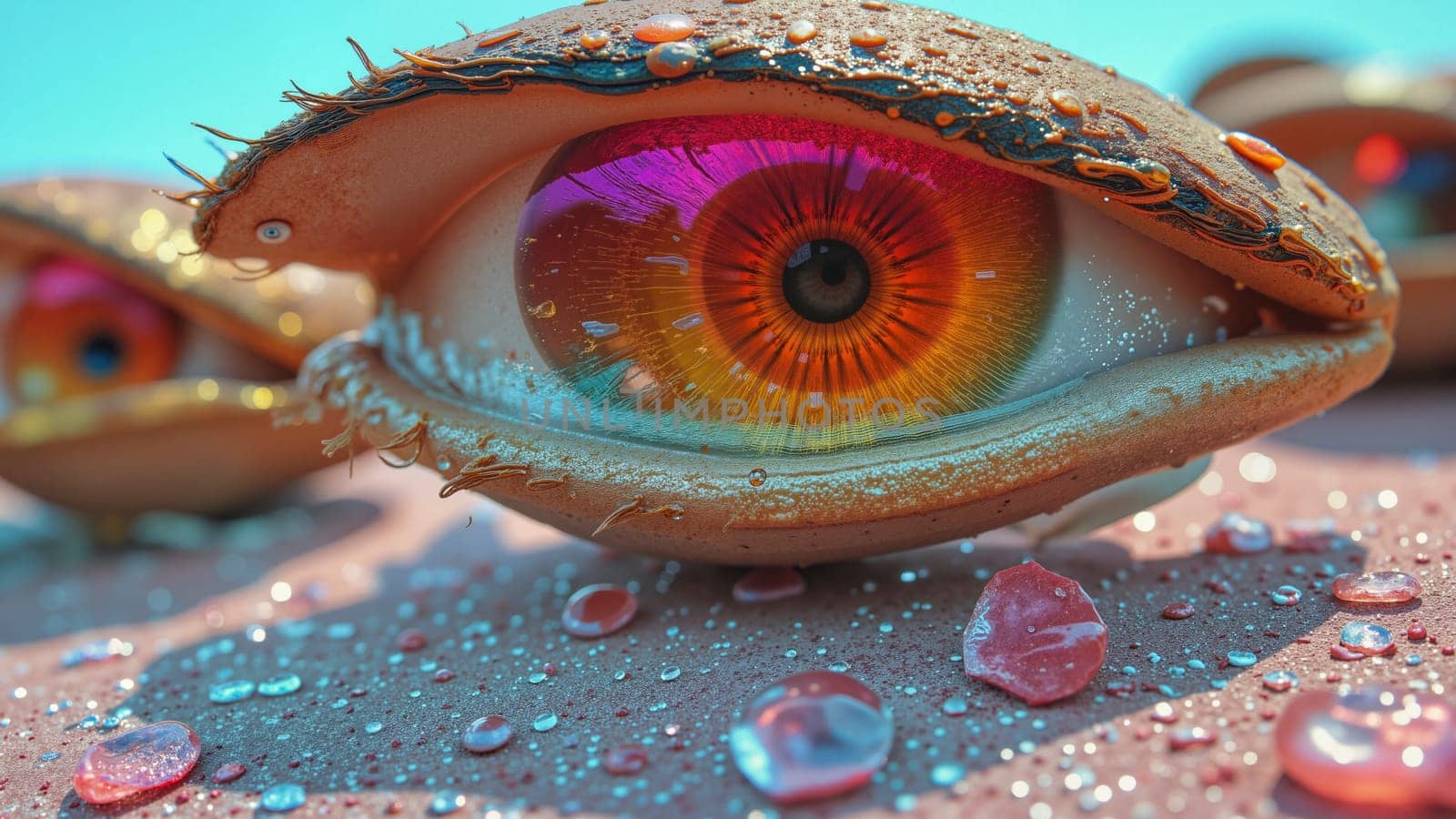 A colorful eye with a rainbow iris is displayed on a table. The eye is surrounded by a variety of small, colorful beads and droplets of water. Scene is playful and whimsical