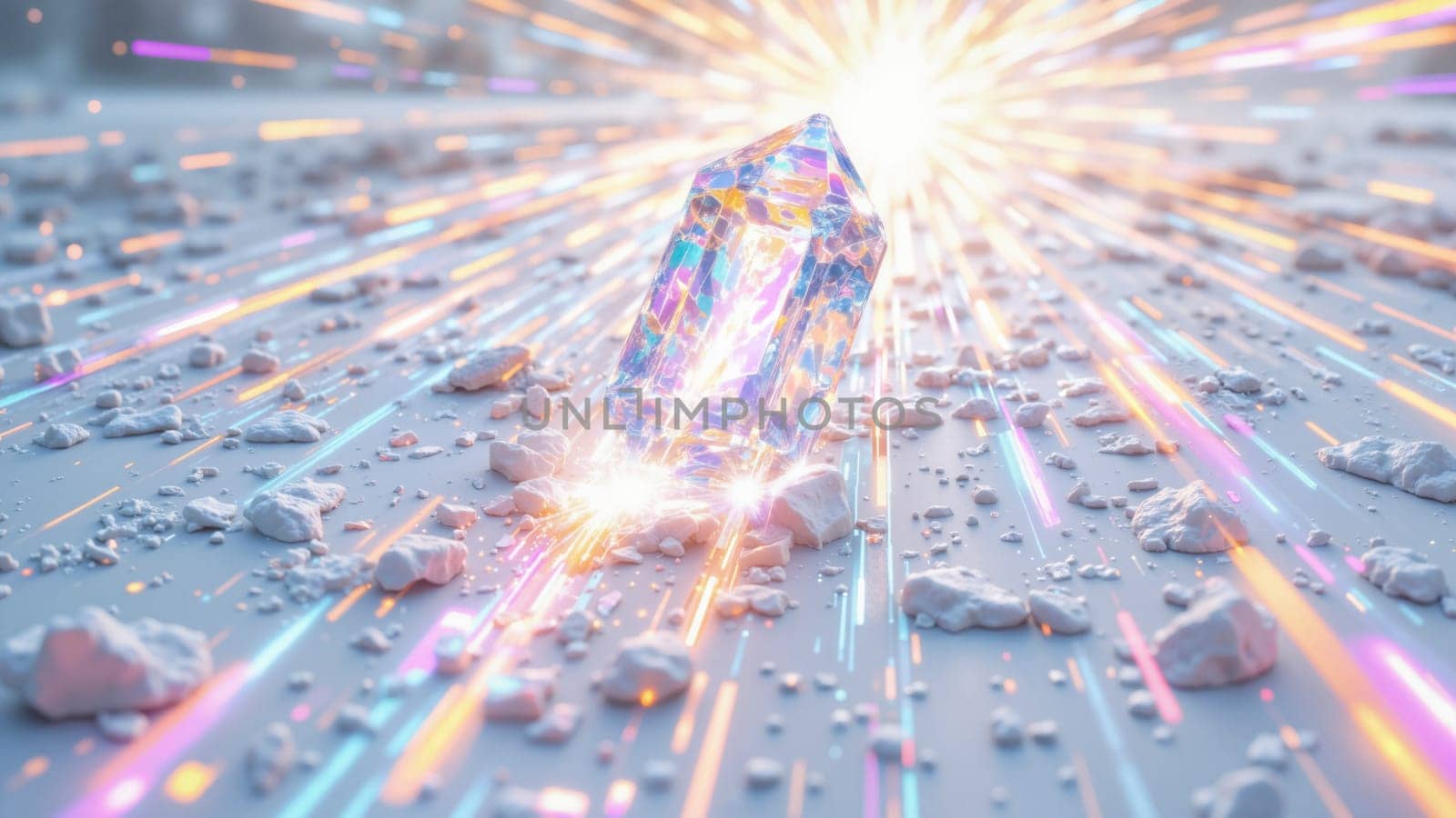A crystal is on a white surface with a bright light shining on it. The light is creating a rainbow effect around the crystal