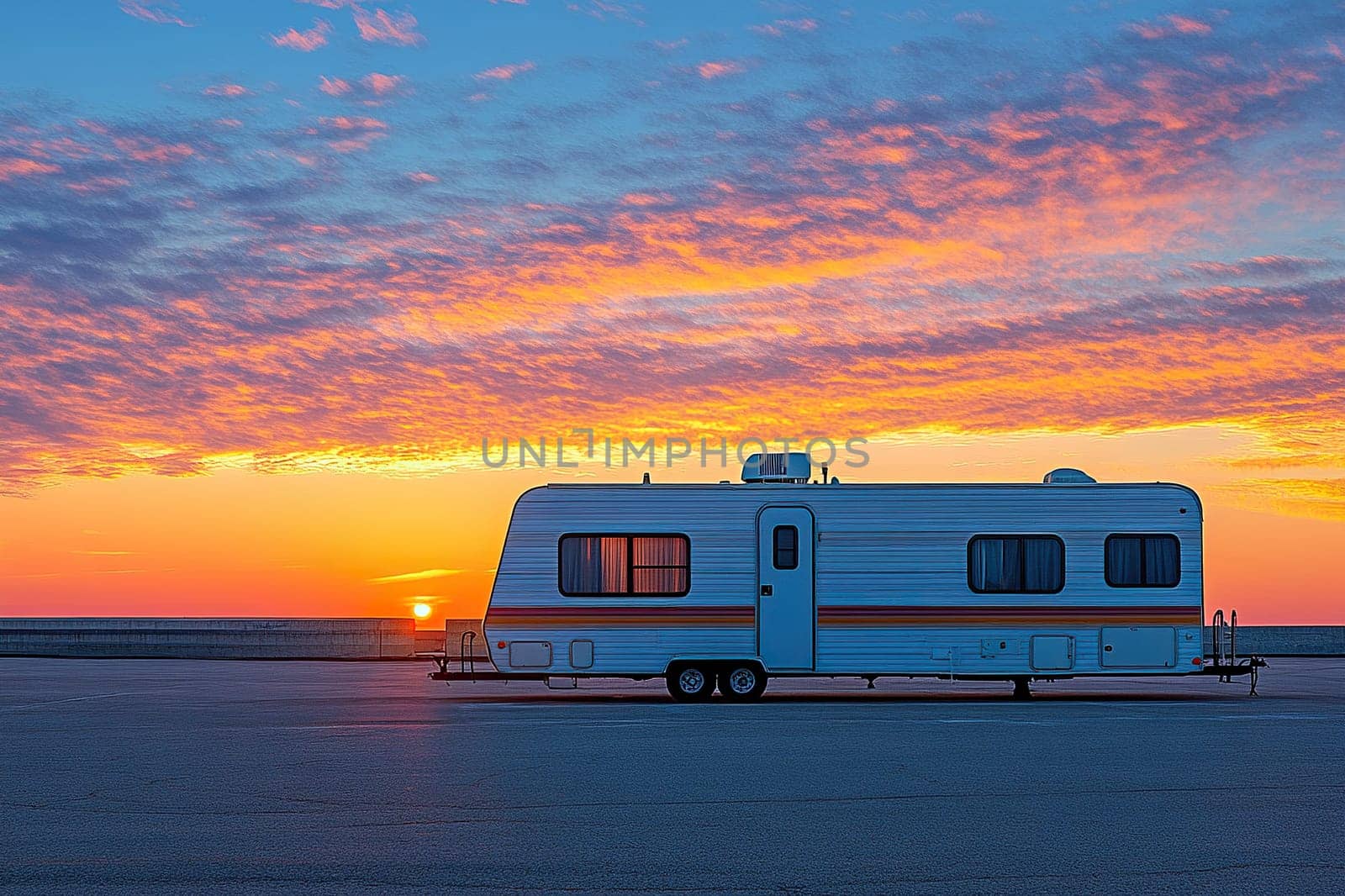 White trailer house on wheels stands in an empty parking lot against the backdrop of an incredibly beautiful sunset. Travel concept