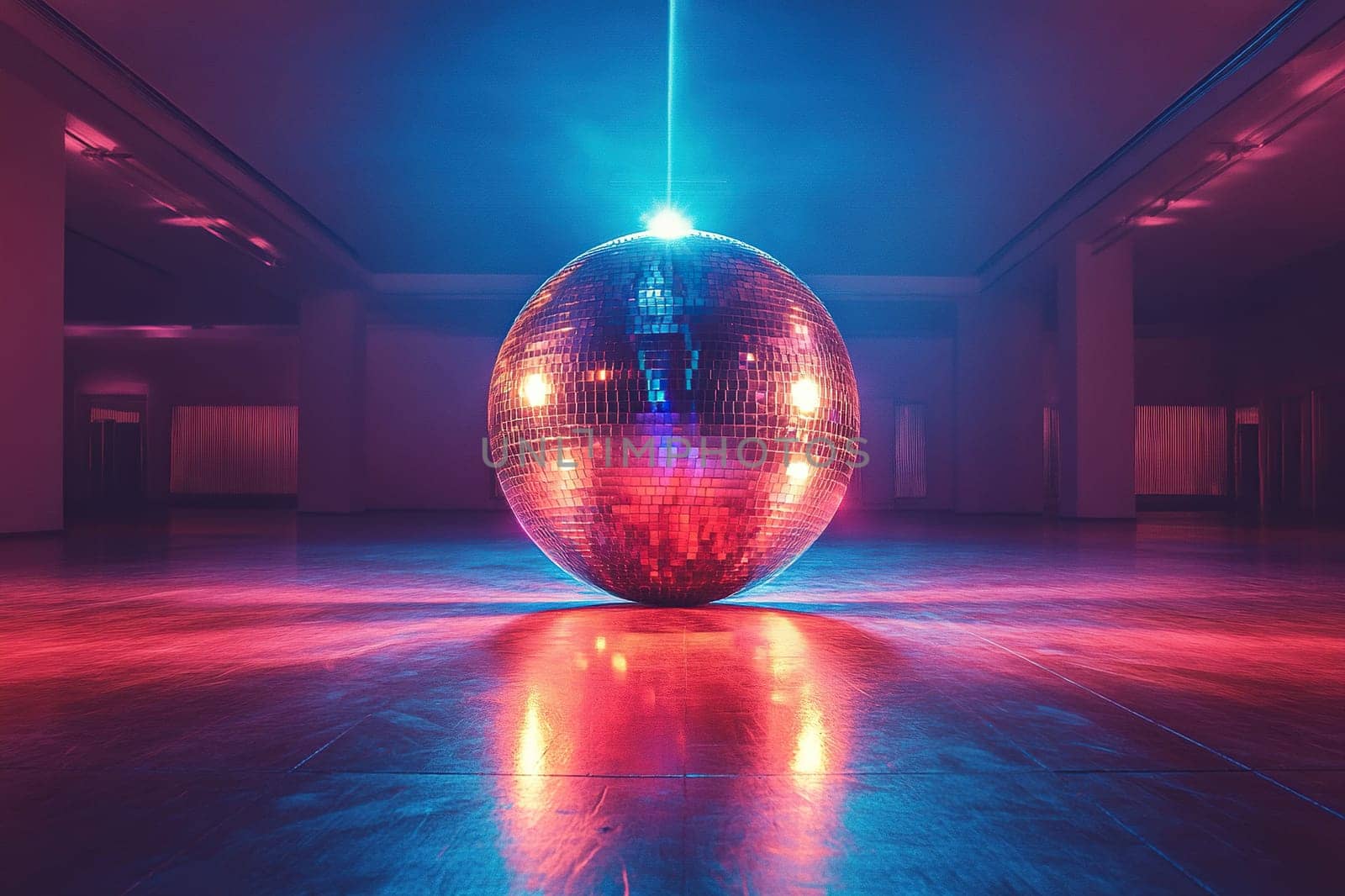 Mirror disco ball in bright spotlight on the floor of an empty dance studio.