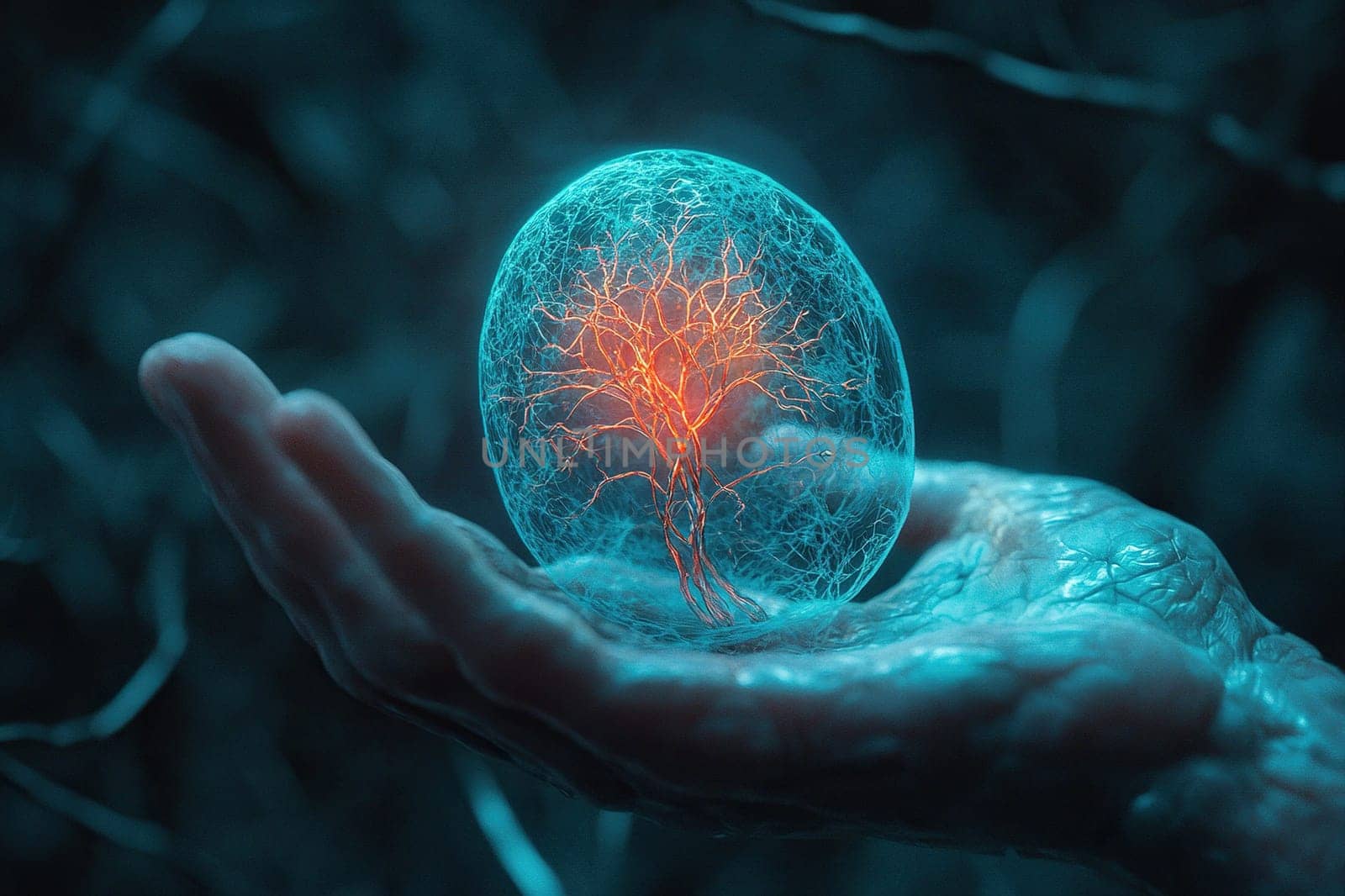 A small embryo of a neural brain with glowing fluorescent dots in a human palm on a dark background. The concept of artificial intelligence.