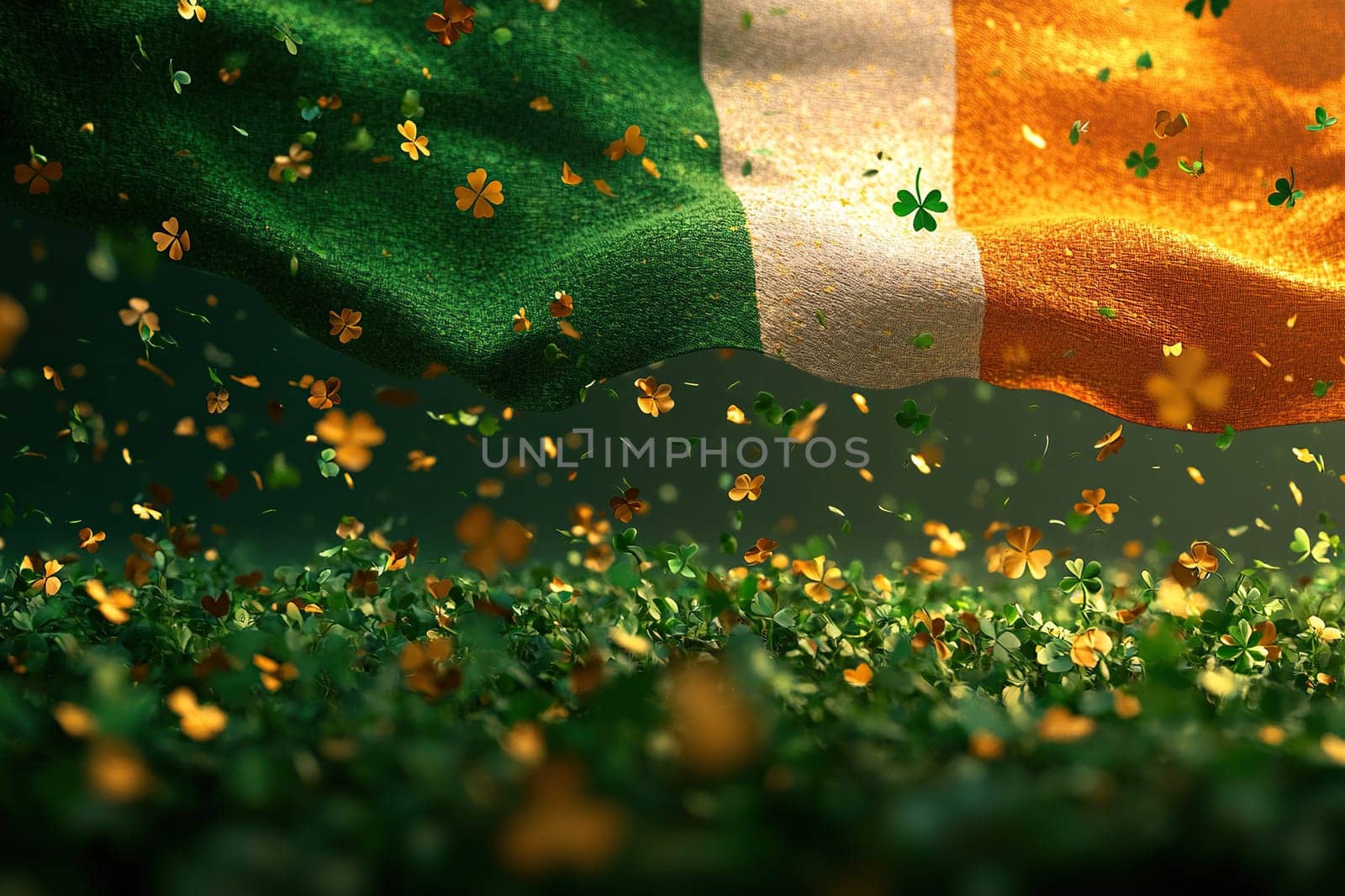 The Irish flag flutters against a backdrop of falling shamrocks