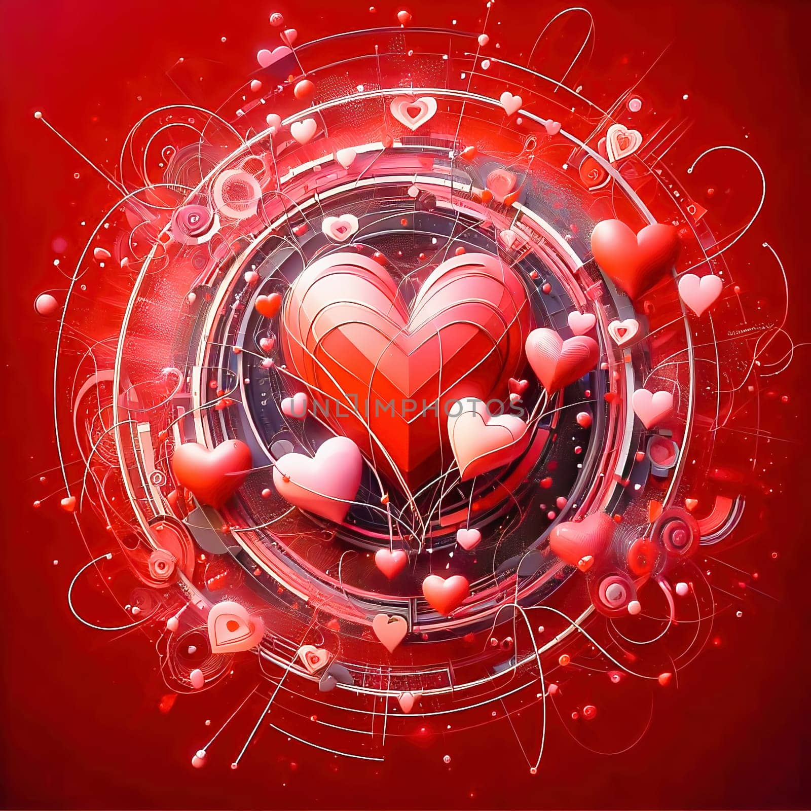 A digital artwork with red hearts, futuristic lines and glowing effects - perfect for Valentine's Day, love, romance and modern designs