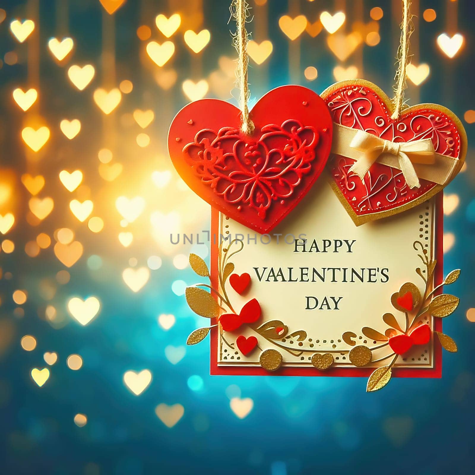Romantic Valentine's Day card with two hearts, golden embellishments and twinkling lights. Perfect for love, weddings, anniversaries or special occasions.